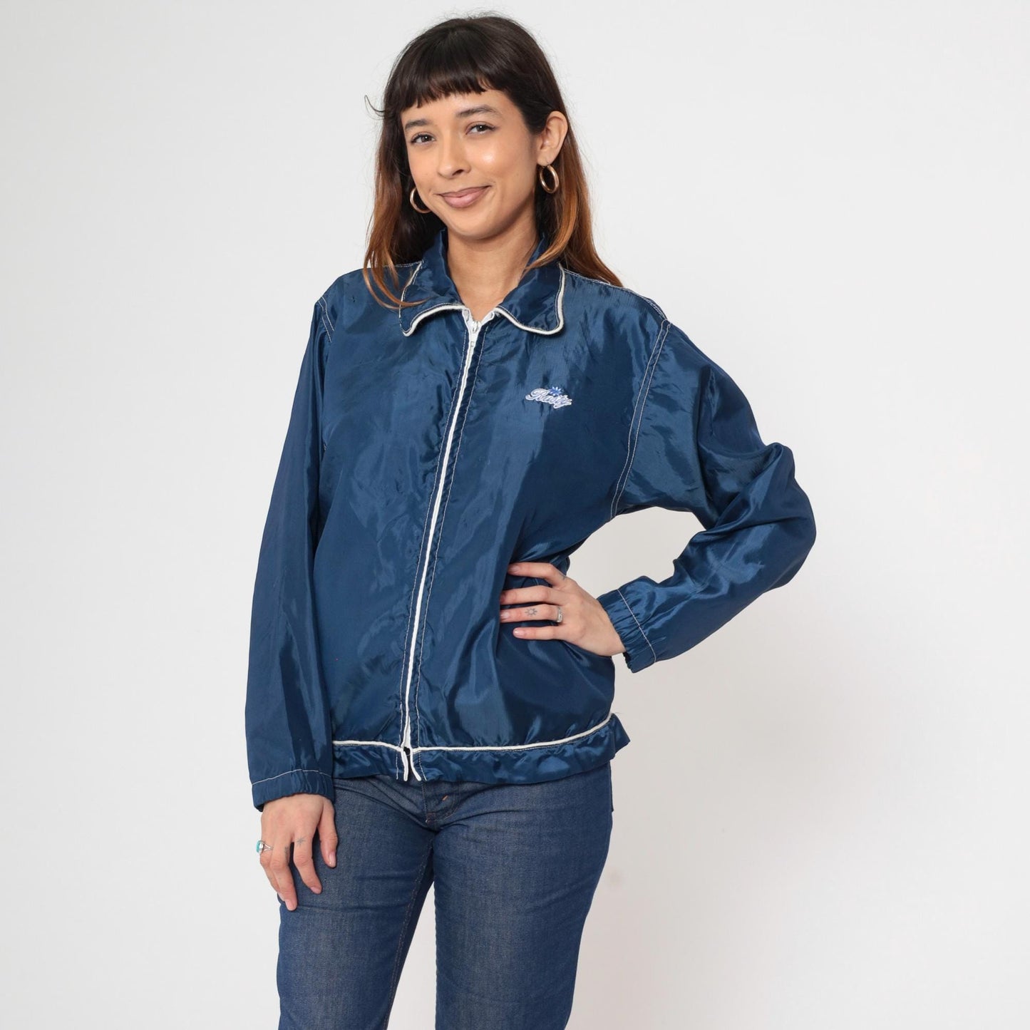 Y2K Rusty Windbreaker Jacket Navy Blue Zip Up Surfer Large L