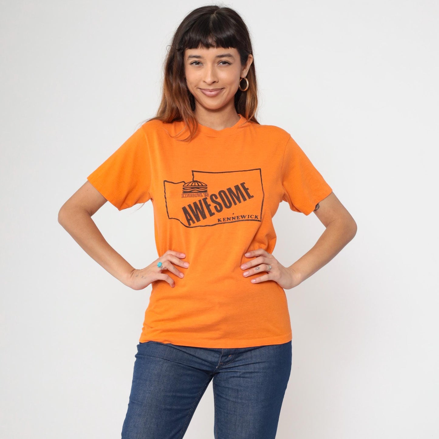 80s Kennewick Kingbowl Bowling Alley Graphic T-Shirt Orange Single Stitch Medium