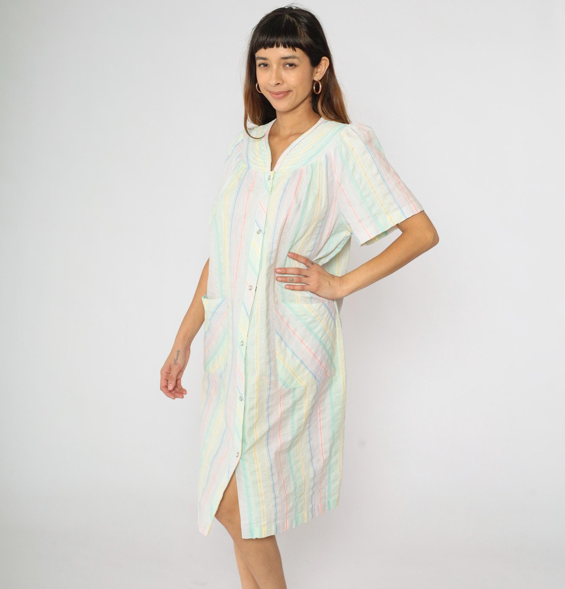 80s Barbizon Pastel Seersucker Midi Dress Puff Sleeve Pearl Snap Medium M