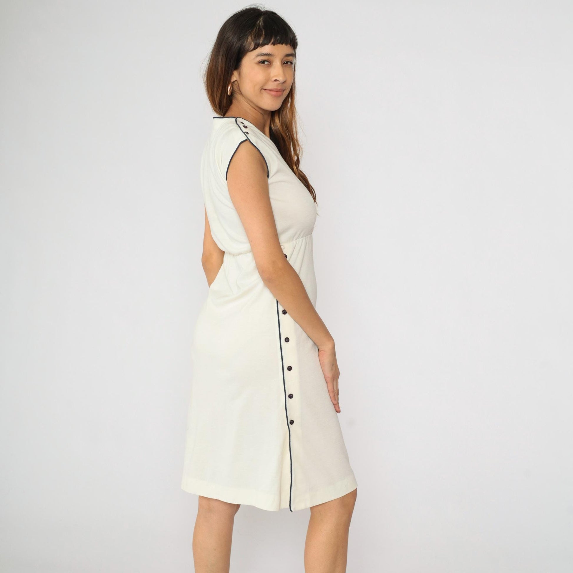 80s Lisette Cream Midi Dress Navy Piping V-Neck Cap Sleeve Extra Small