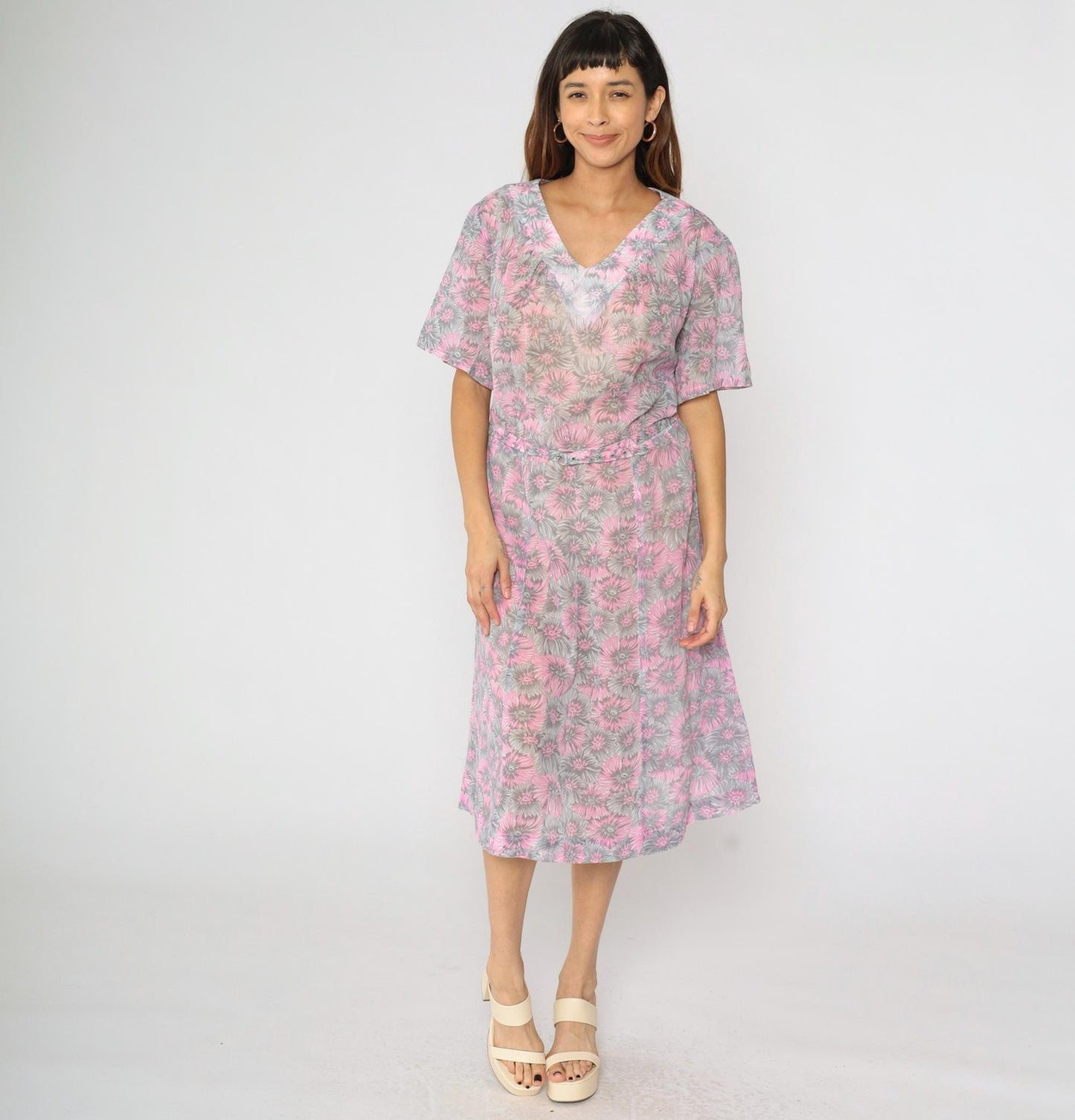 60s Floral Shift Dress Pink Grey Flower Print Midi V-Neck Short Sleeve Extra Large