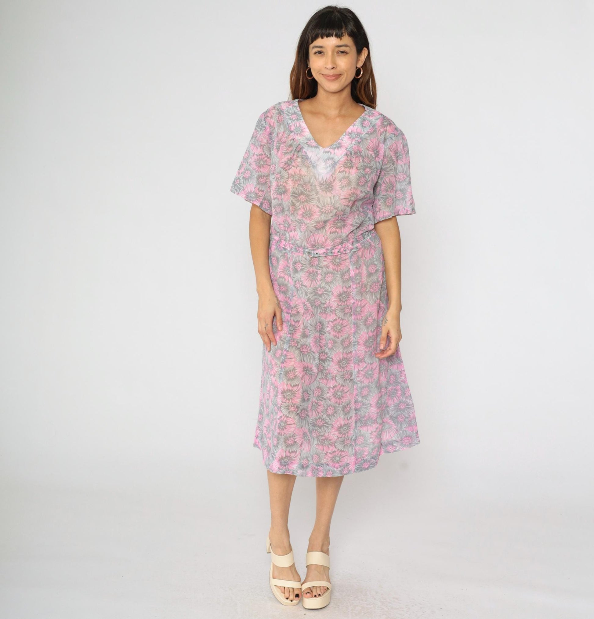 60s Floral Shift Dress Pink Grey Flower Print Midi V-Neck Short Sleeve Extra Large
