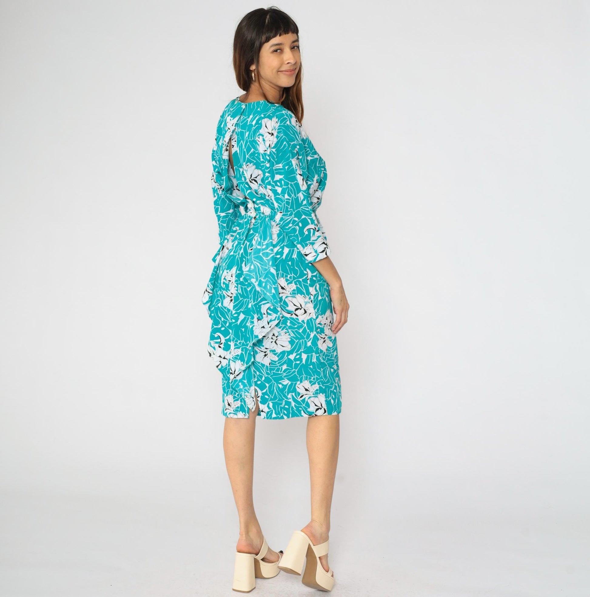 80s Turquoise Floral Midi Dress Keyhole Back Dolman Sleeve High Waist Small