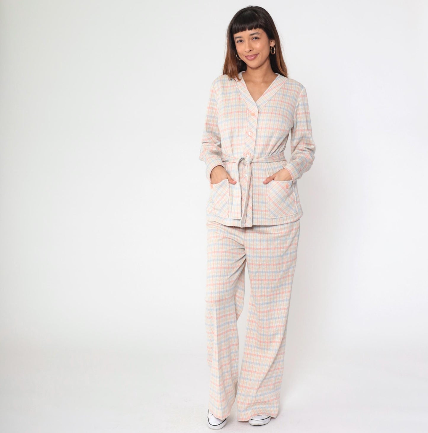 70s Pink Blue Checkered Two Piece Set Wide Leg Pants Blouse Large L