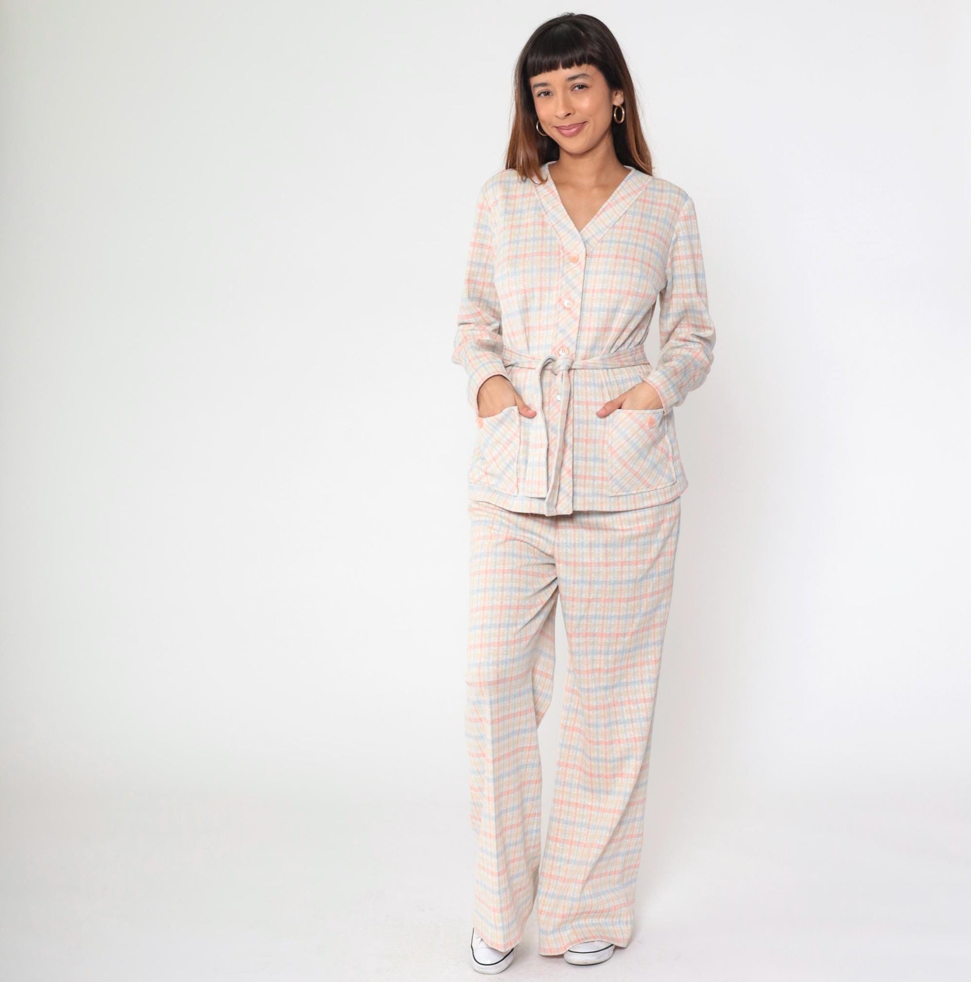 70s Pink Blue Checkered Two Piece Set Wide Leg Pants Blouse Large L