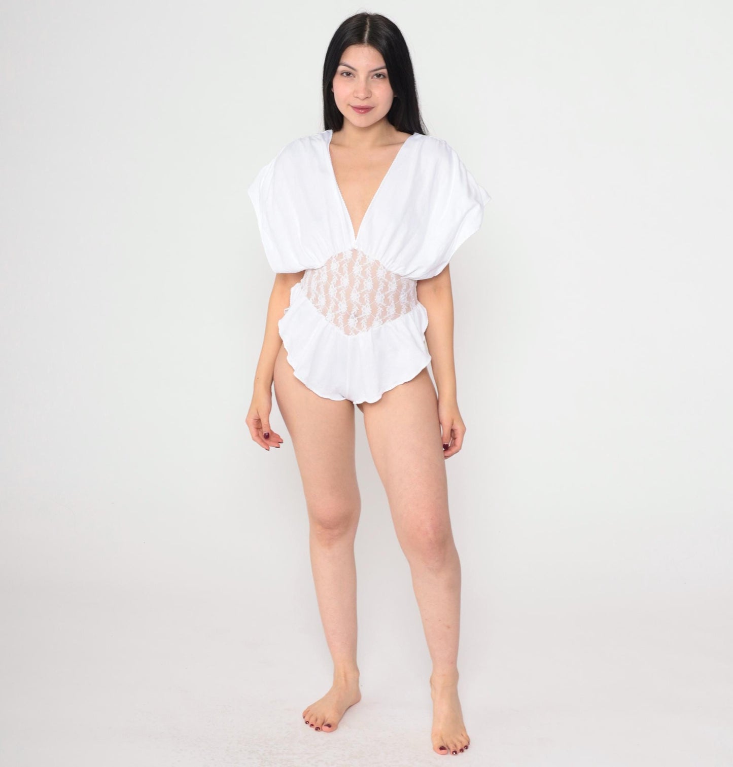 80s White Lace Teddy Bodysuit Deep V Plunge Open Back Medium
