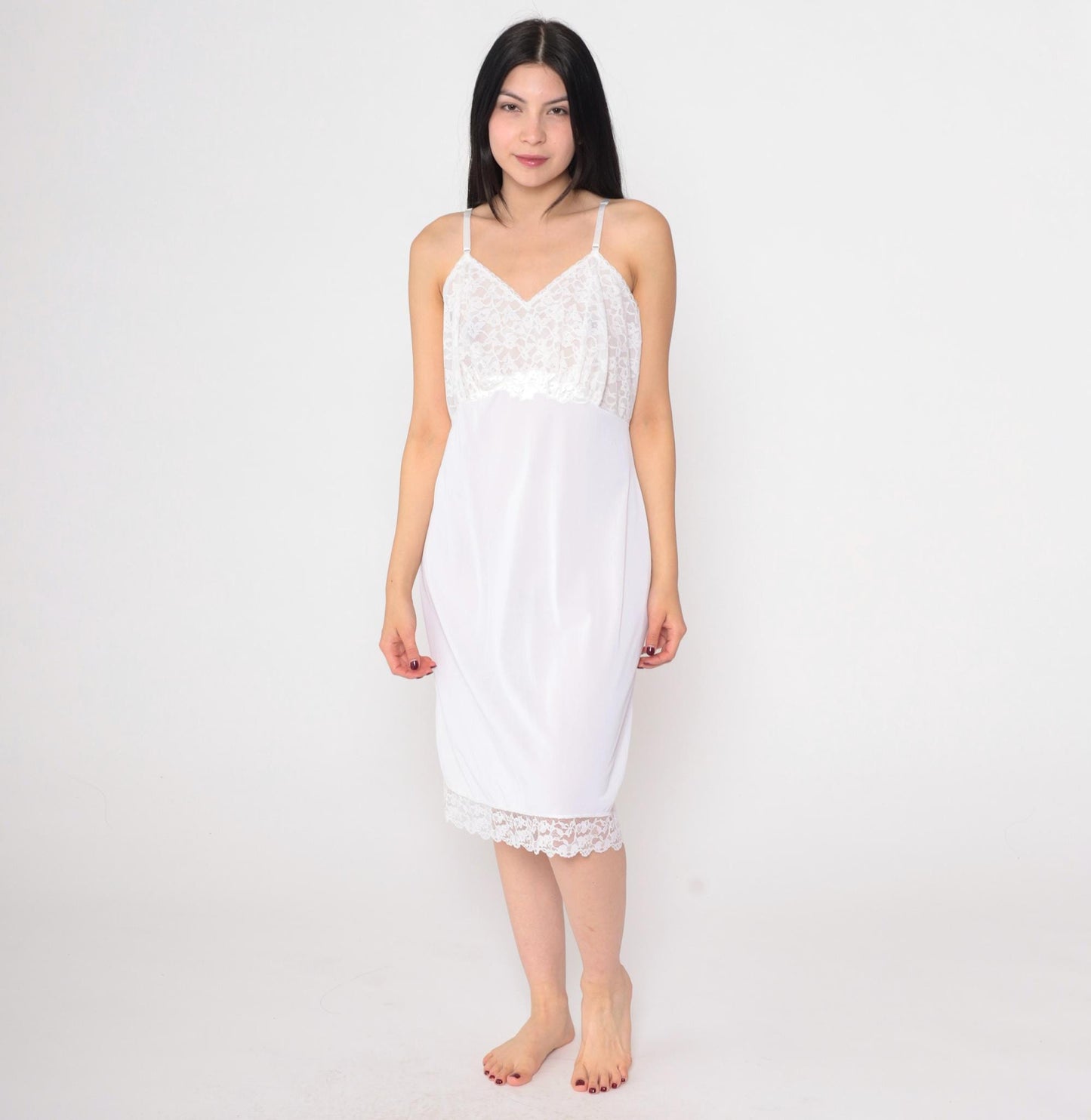 70s White Lace Slip Dress Midi V-Neck Spaghetti Strap Nightgown Medium