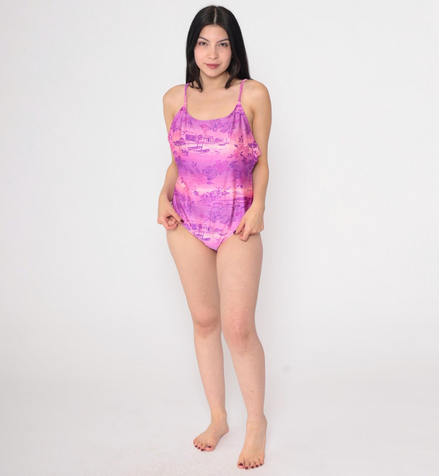 90s Islander Tropical Floral One-Piece Swimsuit Purple Pink Ombre Large
