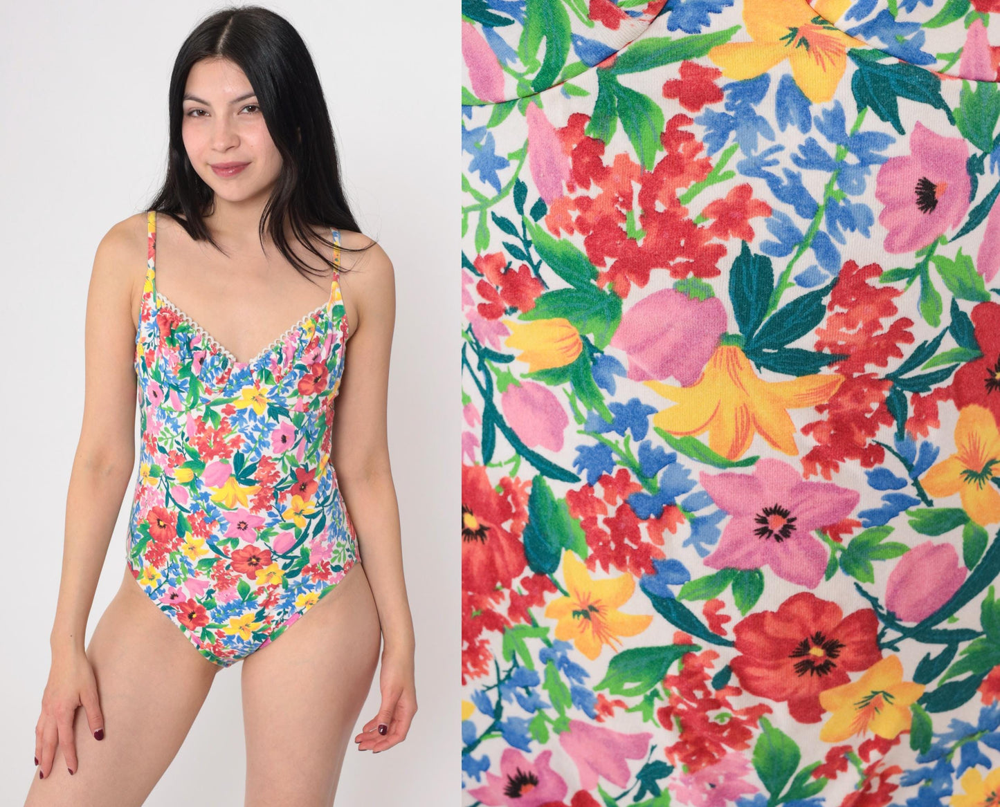 90s Jantzen Floral One-Piece Swimsuit Bustier Cut Medium