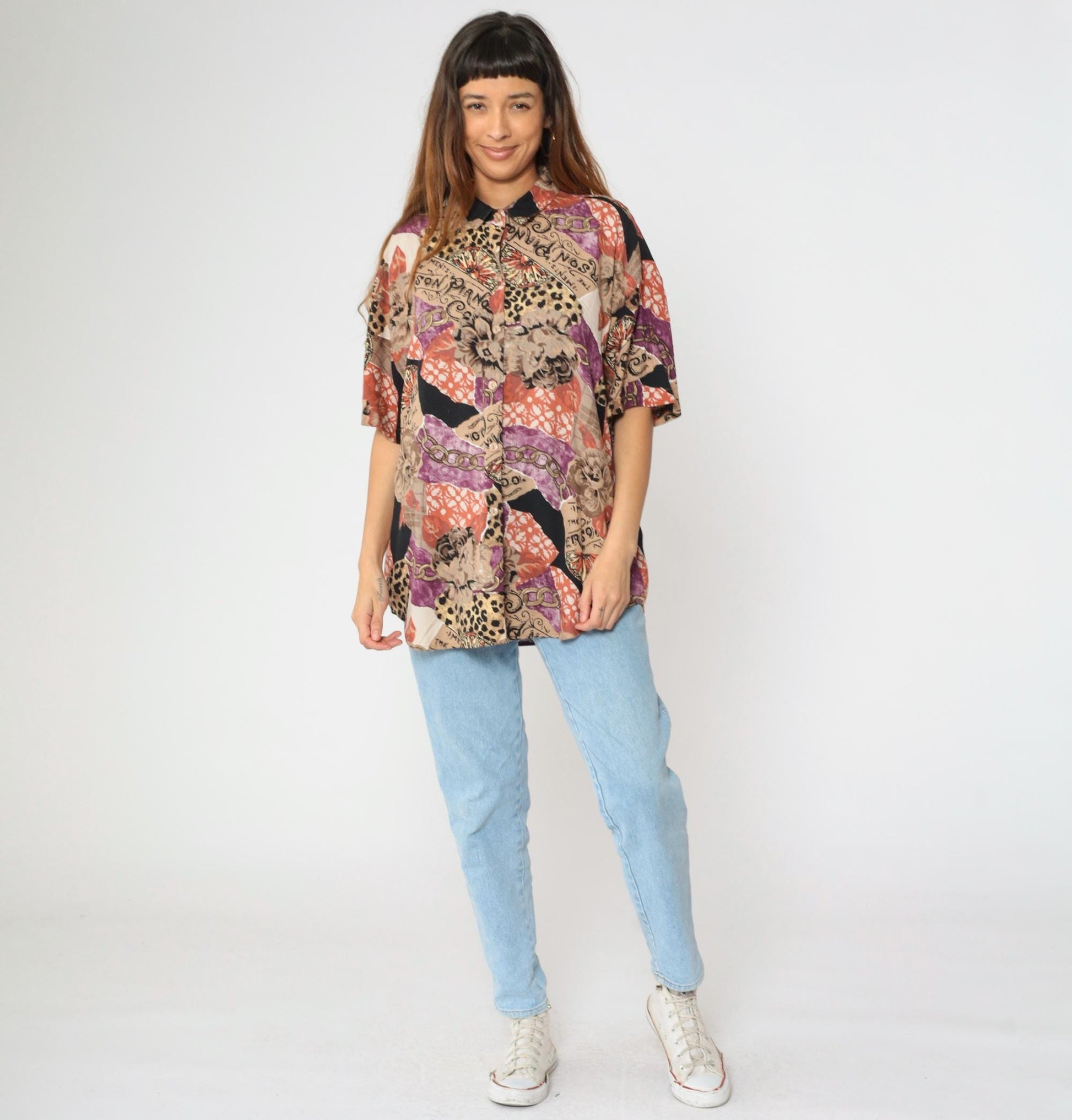 90s Caliche Mixed Print Button Up Blouse Floral Leopard Chain Coral Taupe Large L