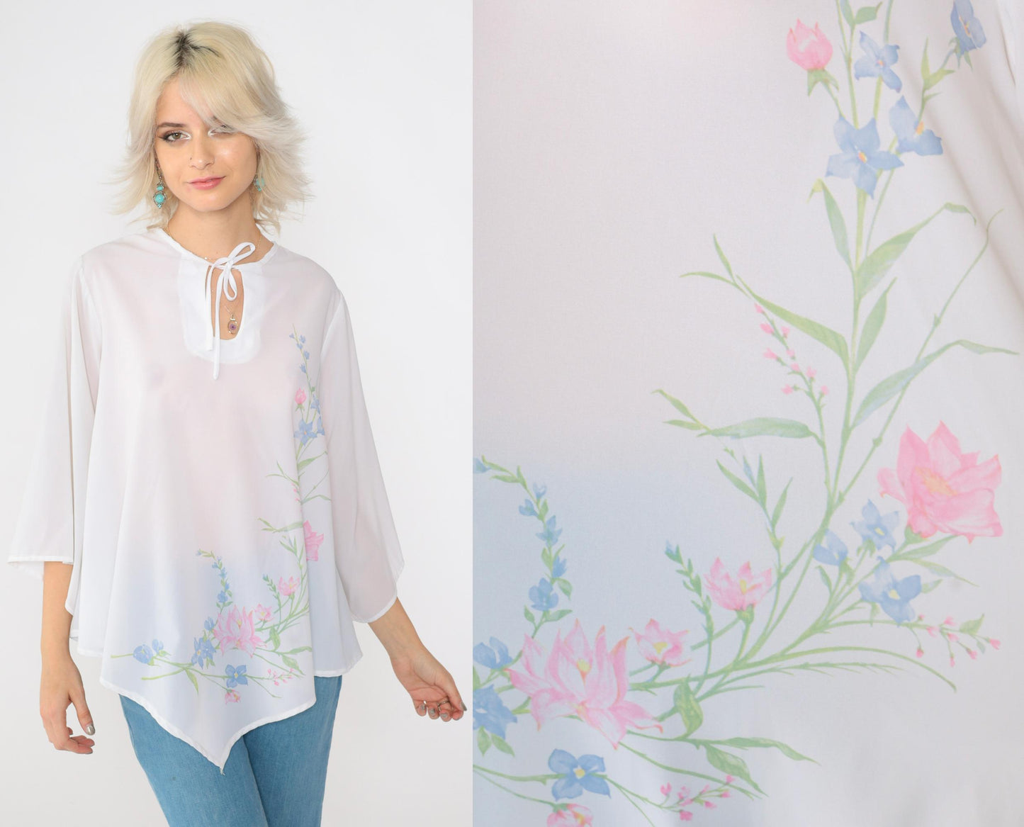 70s Teddi of California Floral Blouse White Bell Sleeve Keyhole Neck Medium