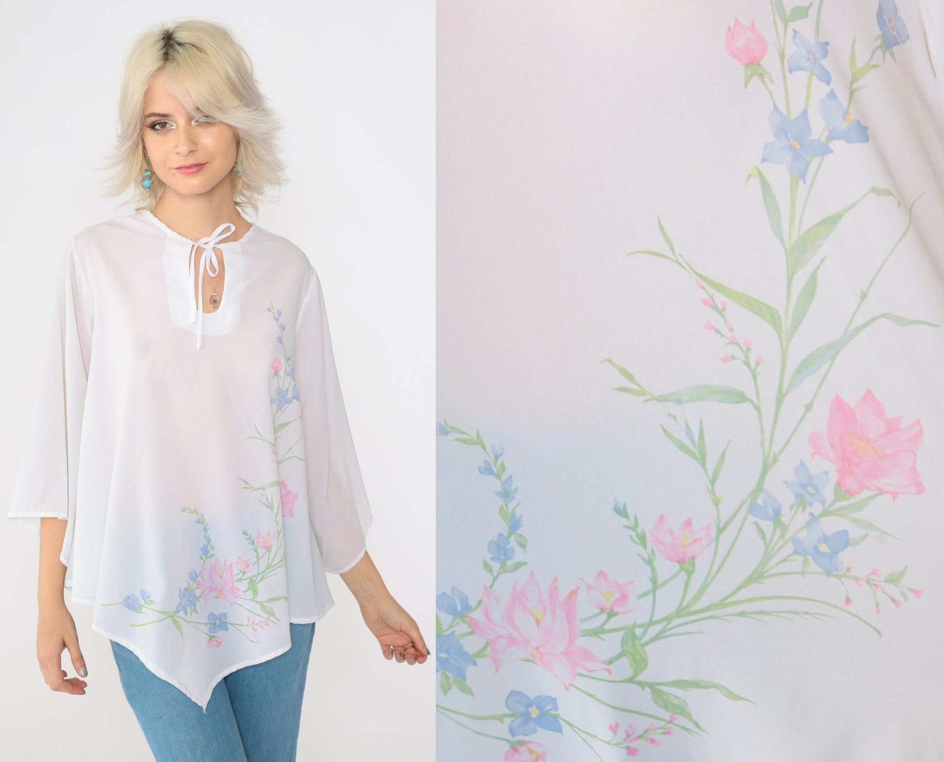70s Teddi of California Floral Blouse White Bell Sleeve Keyhole Neck Medium
