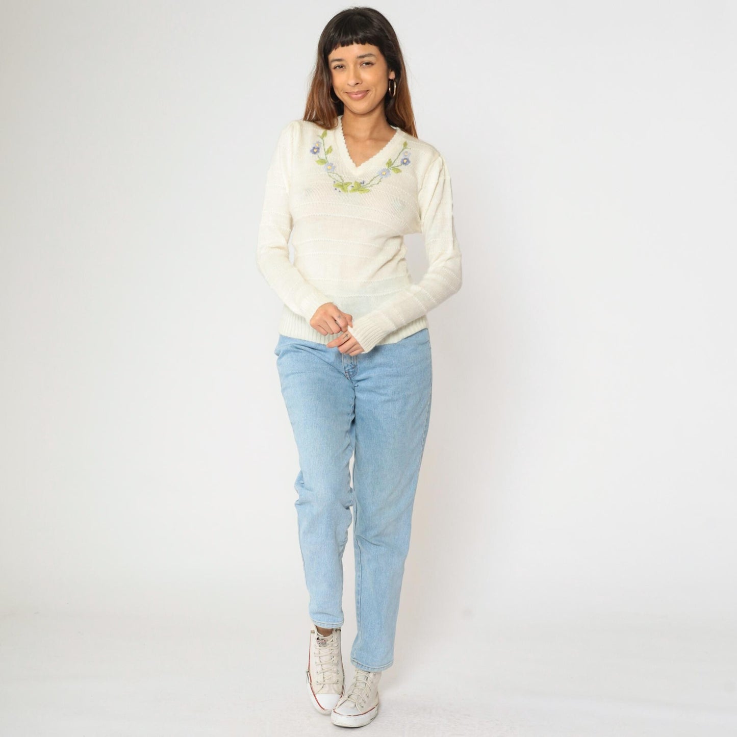 70s-80s Embroidered Floral Puff Sleeve Sweater Cream V-Neck Small