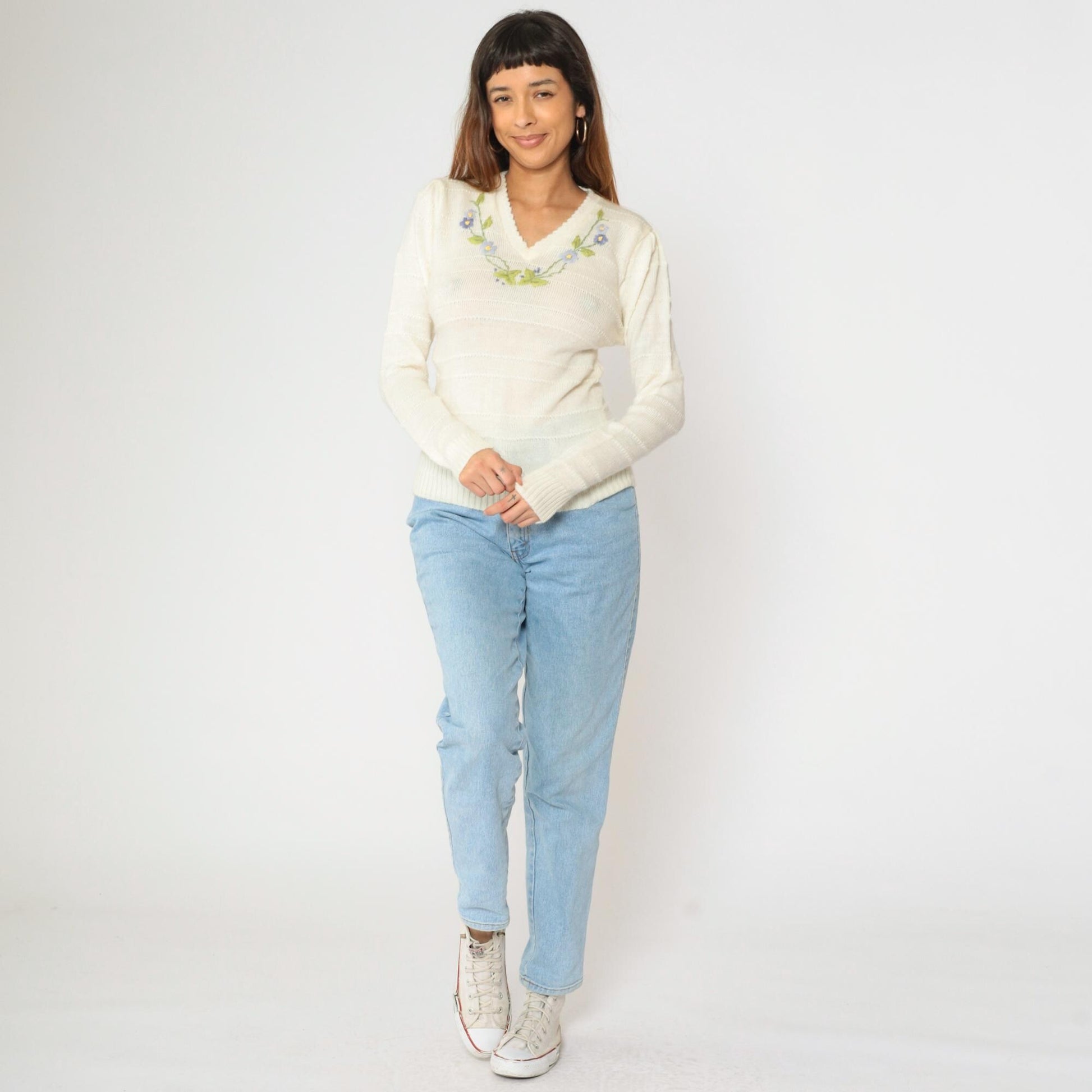 70s-80s Embroidered Floral Puff Sleeve Sweater Cream V-Neck Small