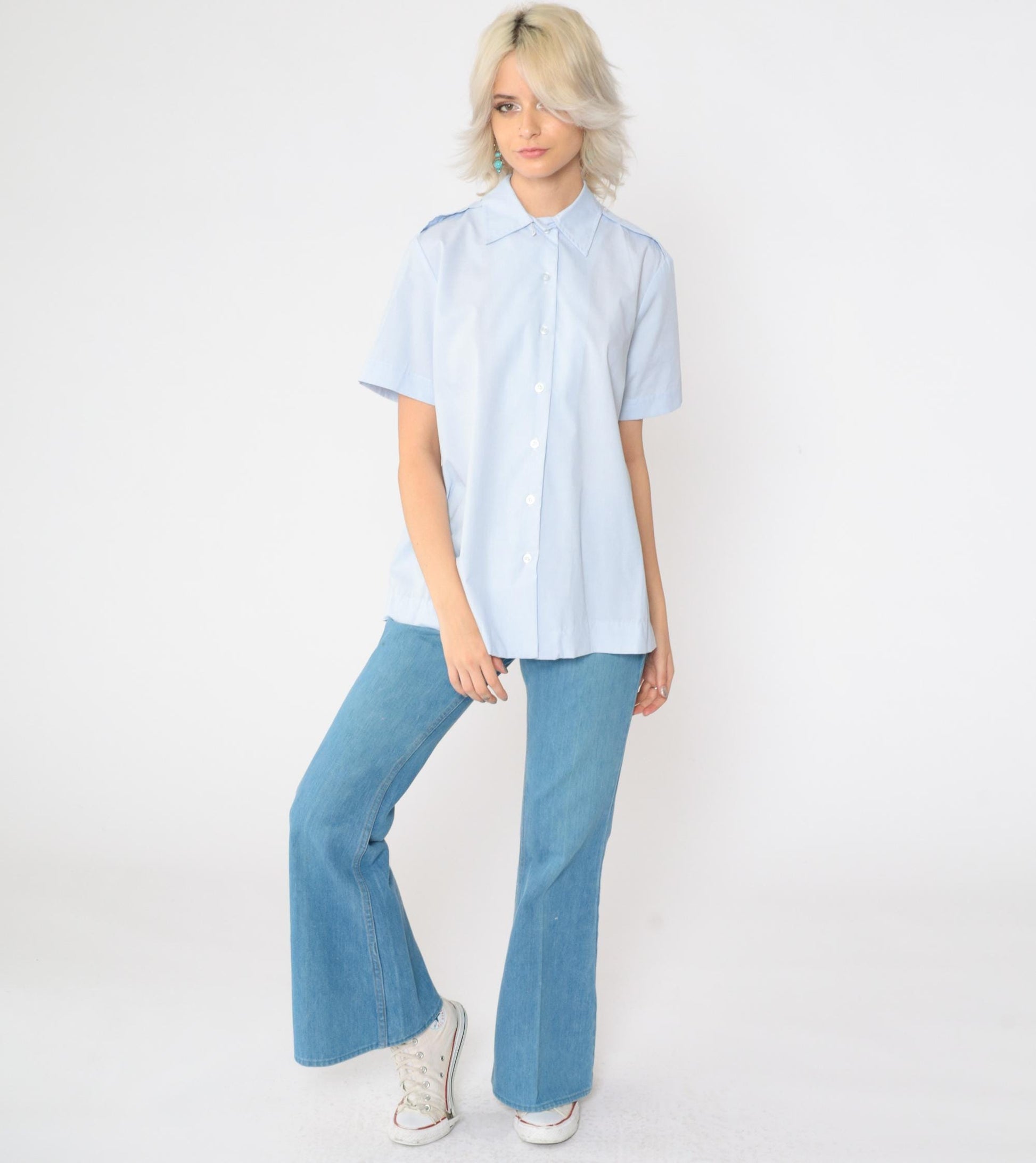 90s Baby Blue Maternity Utility Shirt Short Sleeve Button Up Small