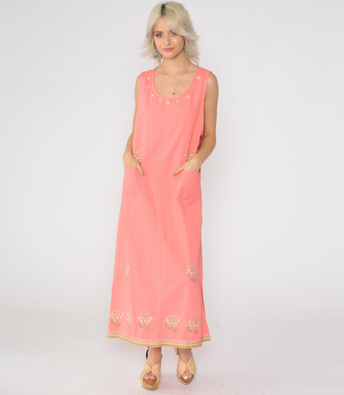 90s Pink Floral Embroidered Cotton Maxi Dress Sleeveless Large L