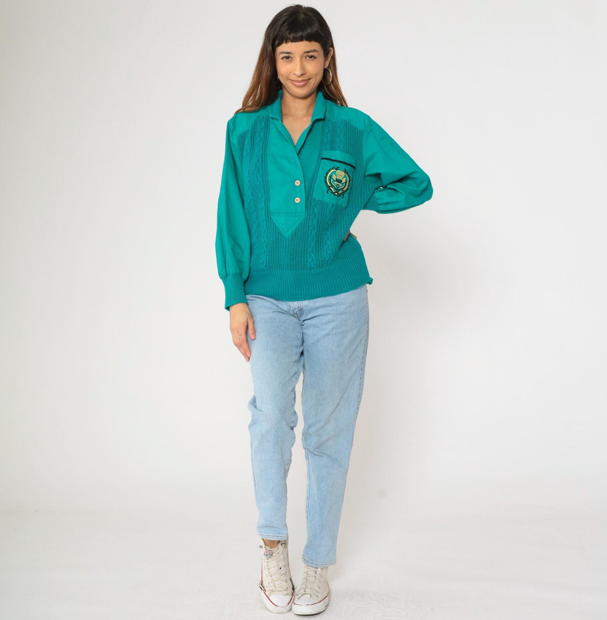 90s Teal Cable Knit Sweater Blouse Chest Pocket Ramie Cotton Medium