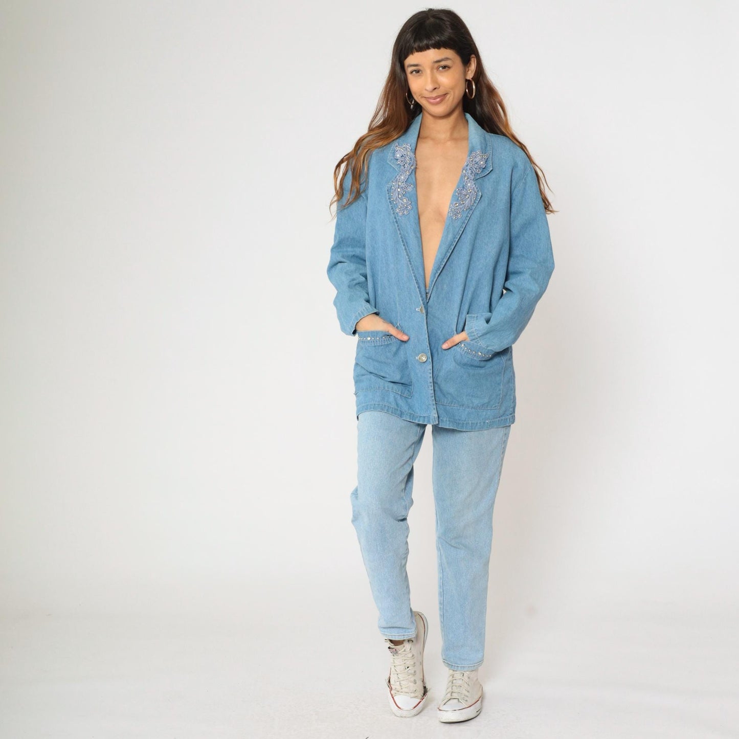 90s Bridge Sportswear Denim Blazer Blue Studded Rhinestone Lace Medium