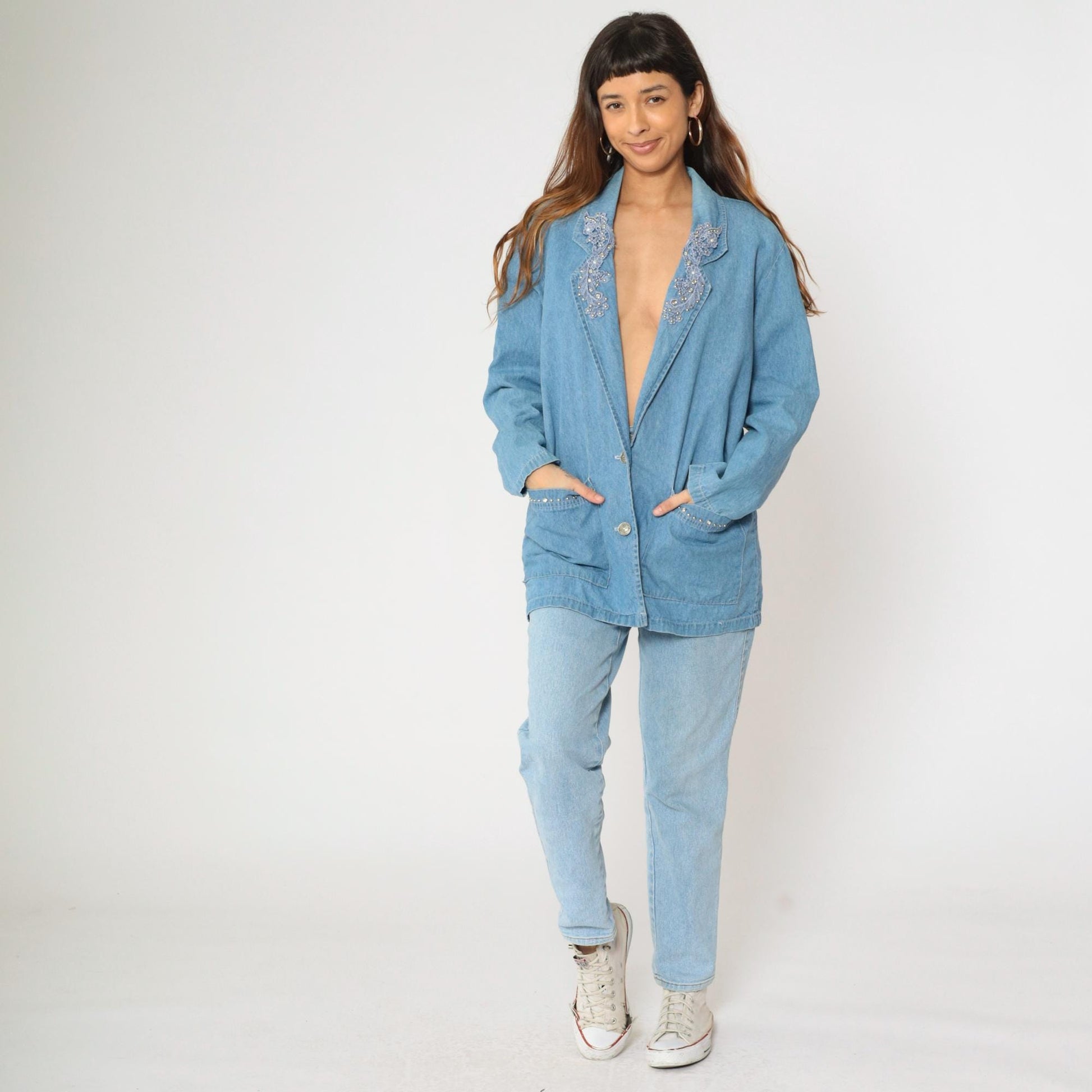 90s Bridge Sportswear Denim Blazer Blue Studded Rhinestone Lace Medium