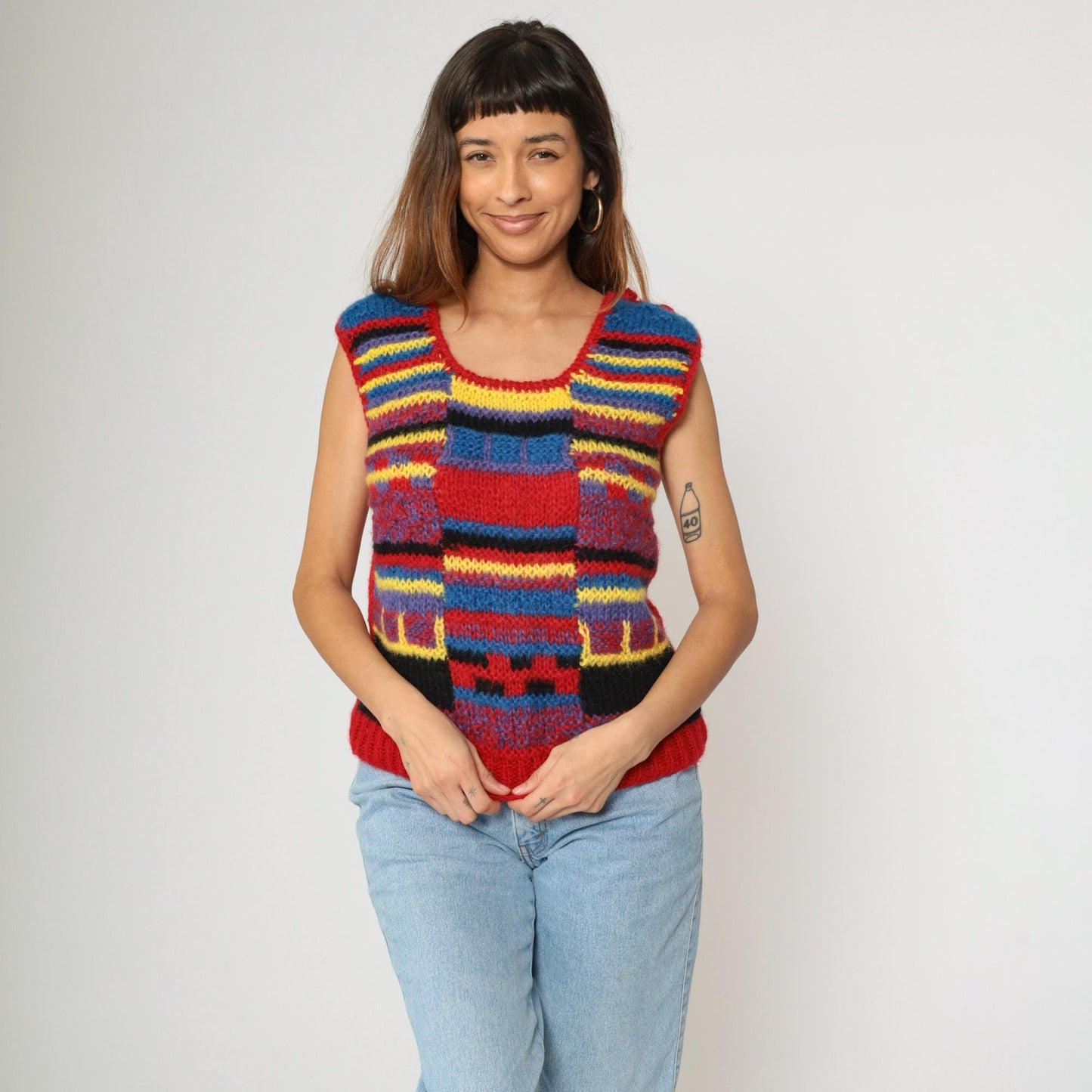 80s Checkered Knit Vest Red Blue Yellow Scoop Neck Sleeveless Small