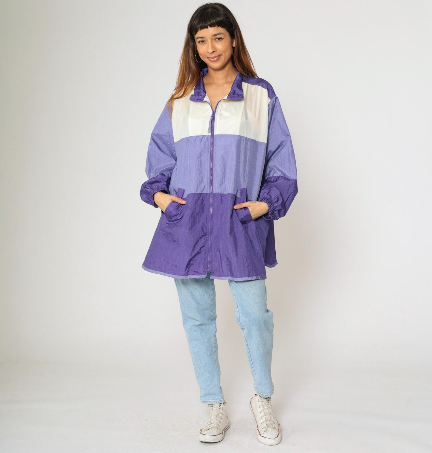 90s Purple White Colour Block Windbreaker Jacket Nylon Zip Plus Size XXL