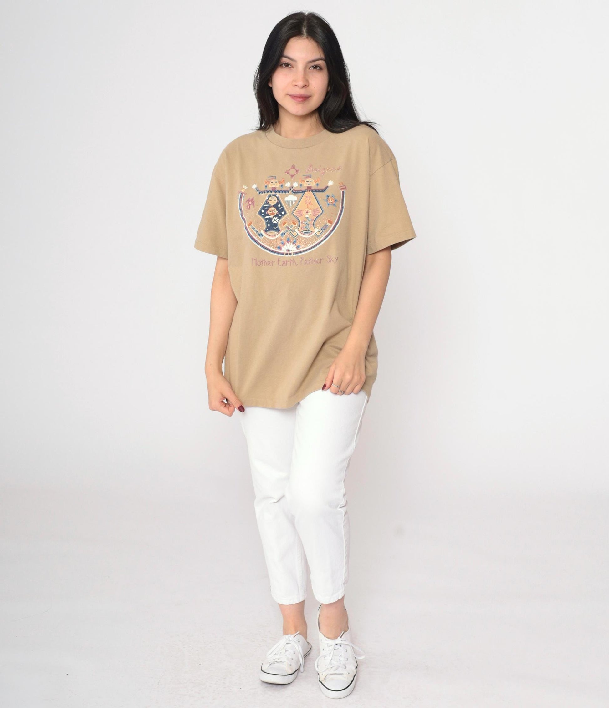 90s Arizona Native American Mother Earth Father Sky Graphic Tee Beige Cotton Large