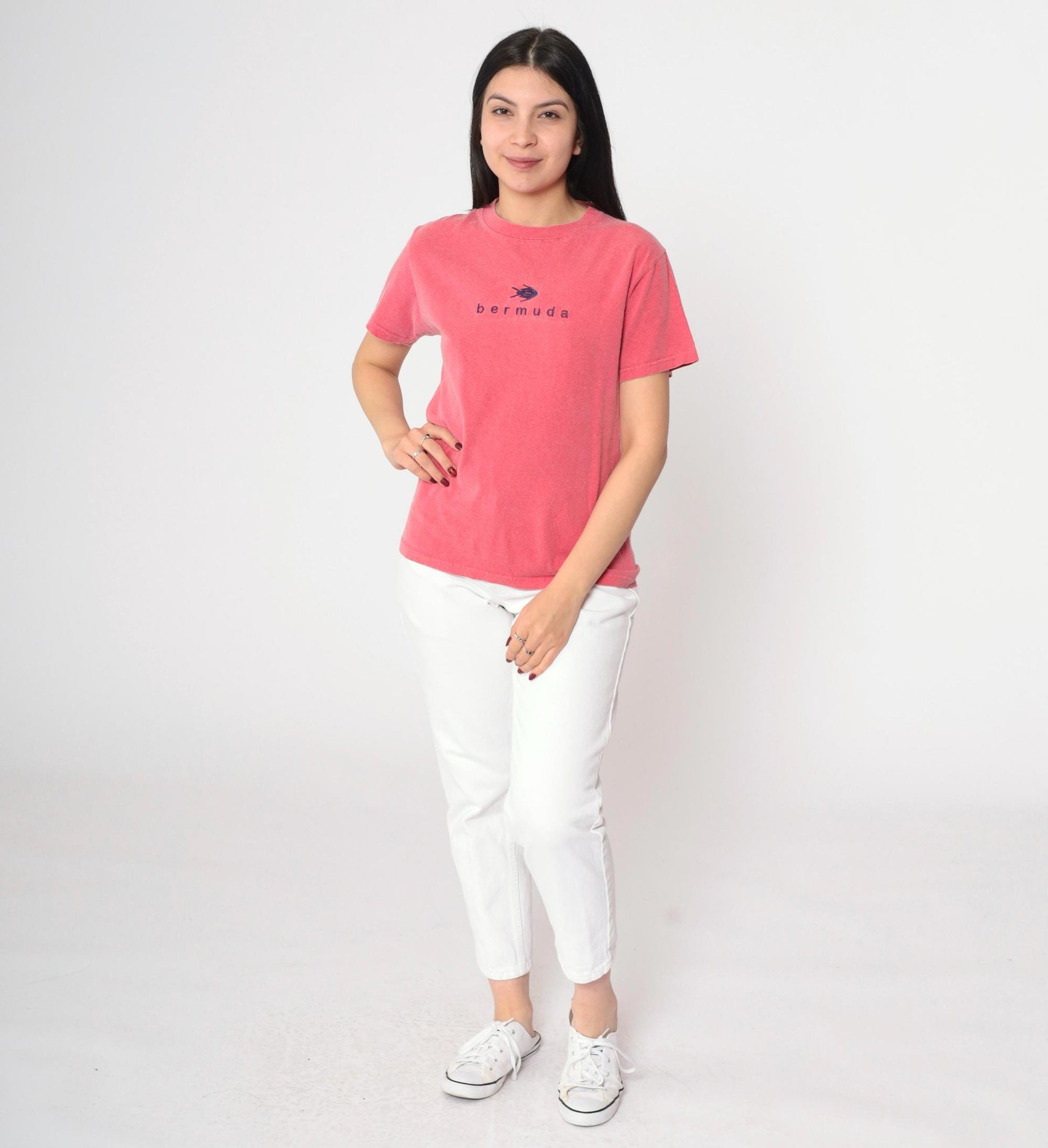 90s Bermuda Island Fish Embroidered T-Shirt Pink Cotton Small S
