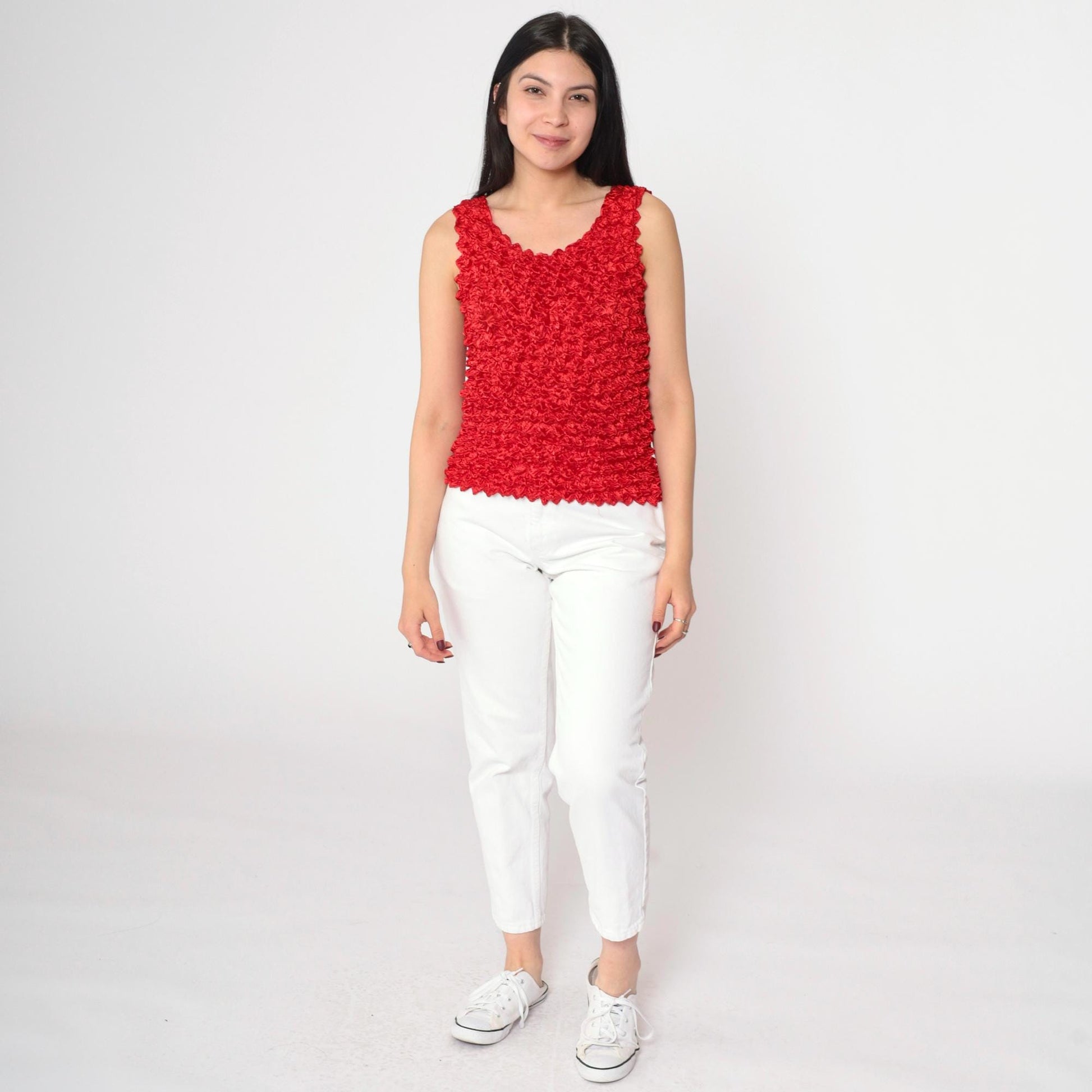 Y2K Red Popcorn Texture Tank Top Stretchy Sleeveless Blouse Small Medium Large