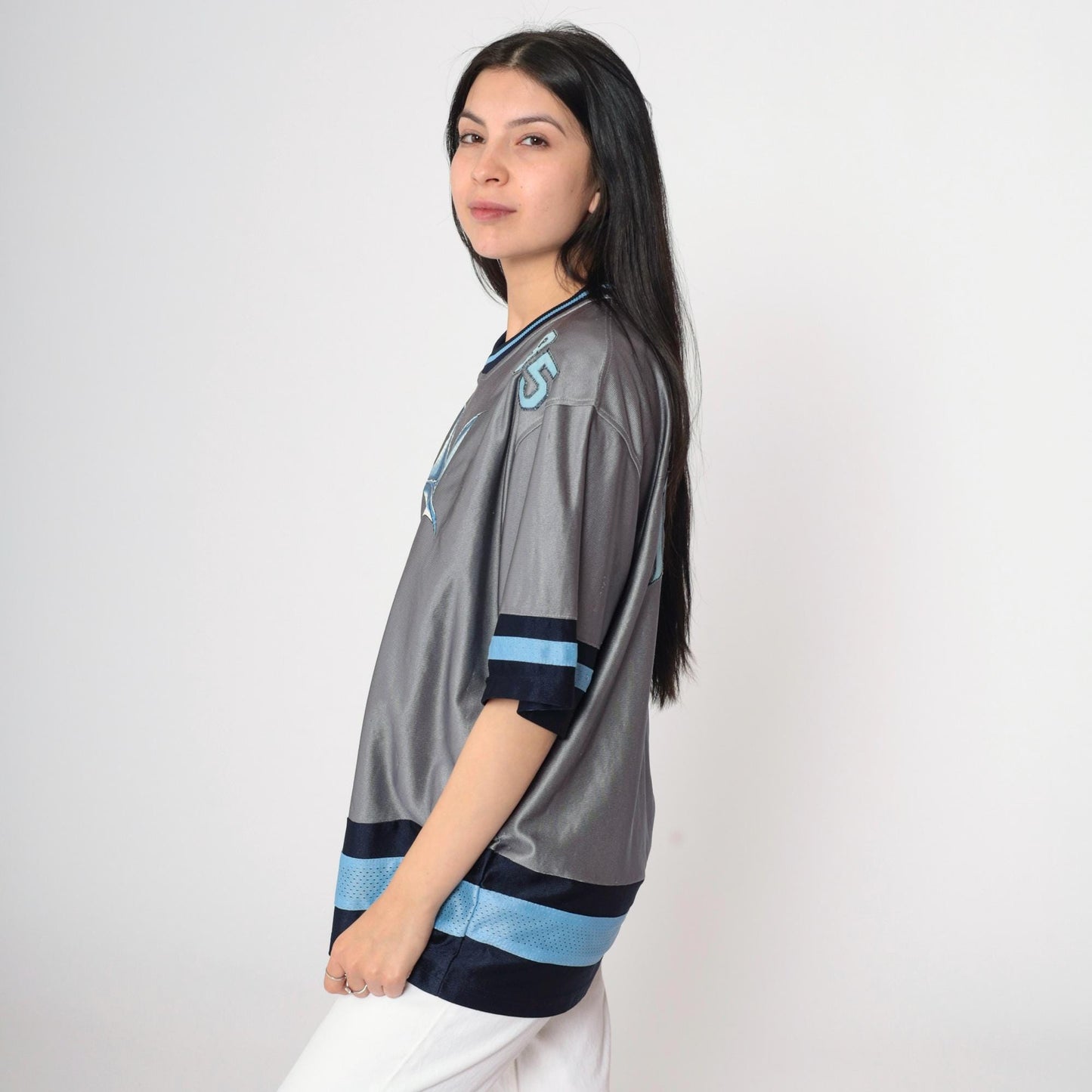 Y2K JNCO Winged Sabertooth Gargoyle Jersey Grey Blue V-Neck Small S