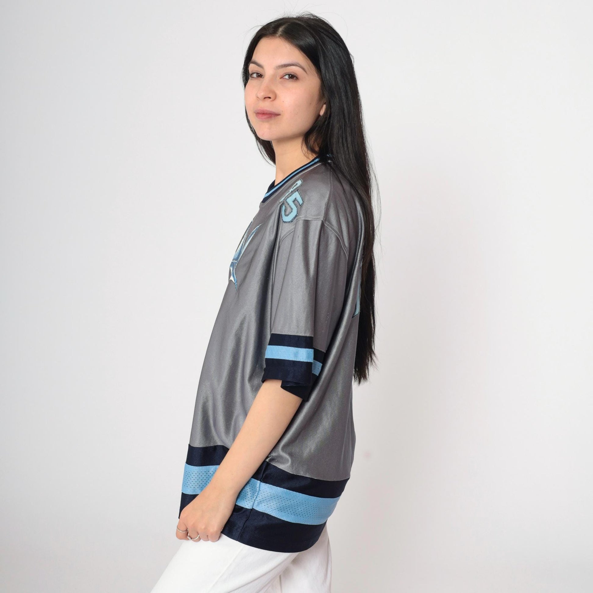 Y2K JNCO Winged Sabertooth Gargoyle Jersey Grey Blue V-Neck Small S