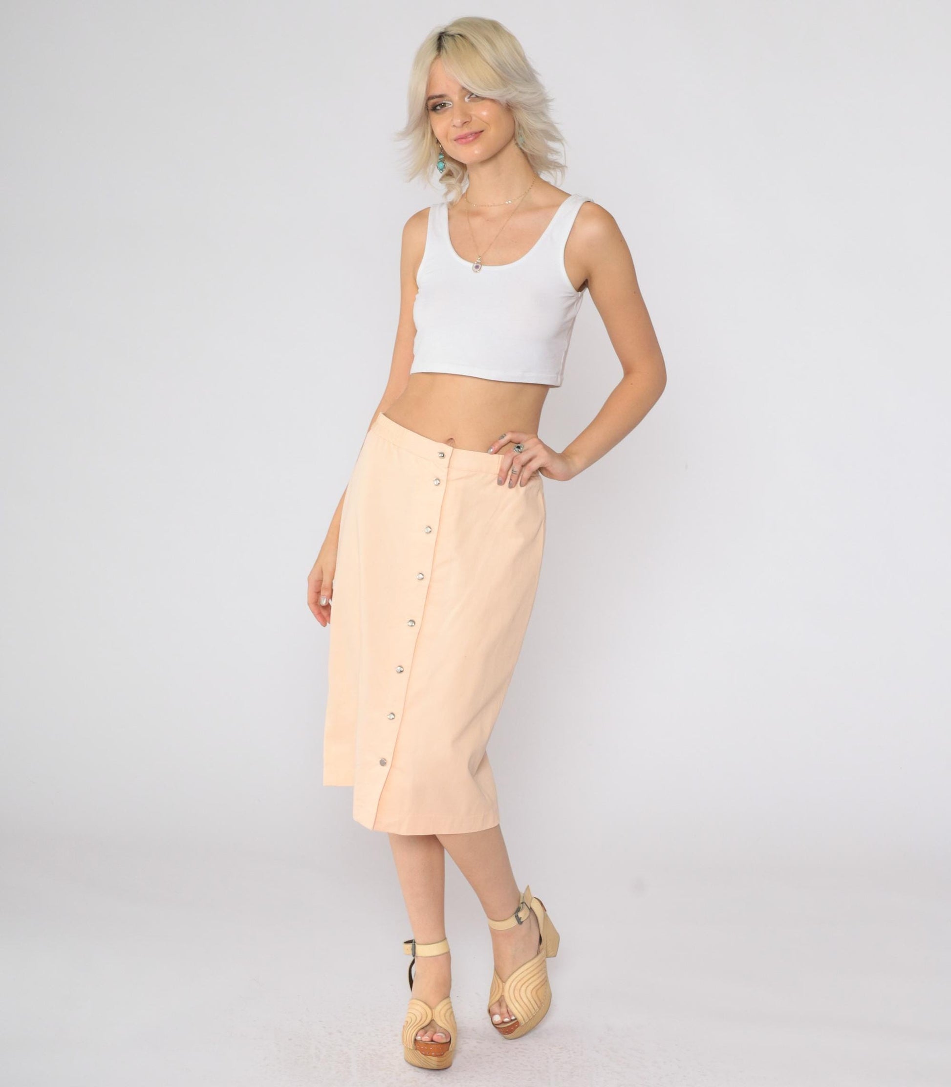 80s Peach Snap-Front Midi Skirt Studded Sides High Waist Medium
