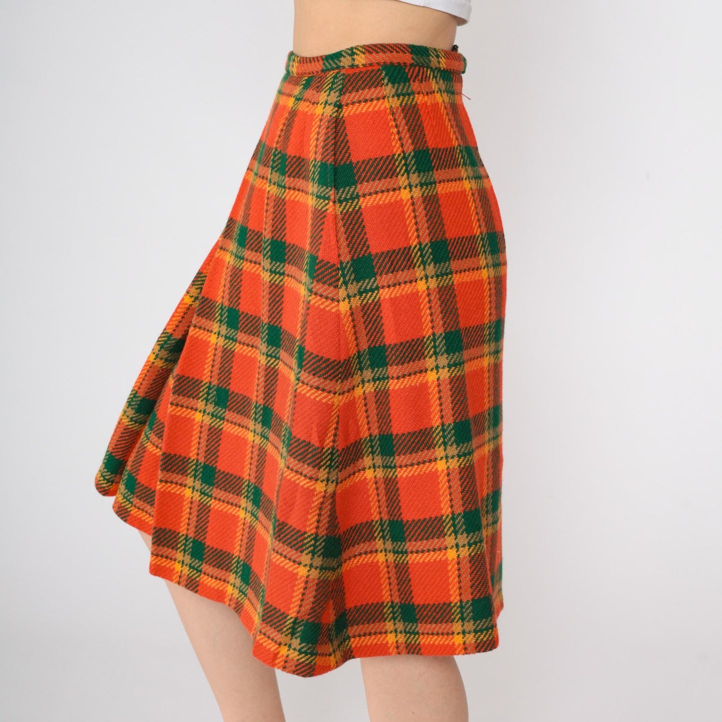 70s Plaid Wool Midi Skirt High Waisted Pleated Tartan Small