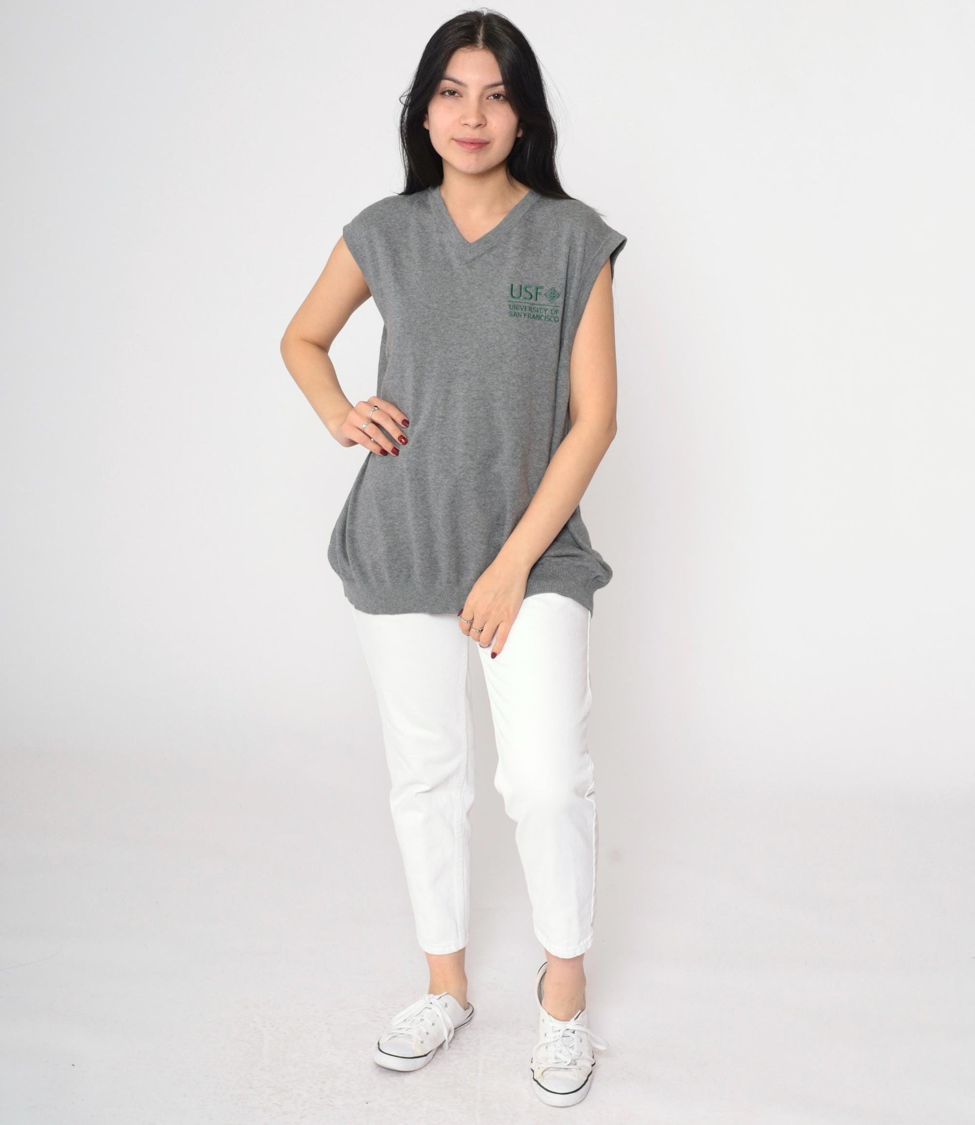 00s USF University of San Francisco Grey Knit Vest Pullover Large L