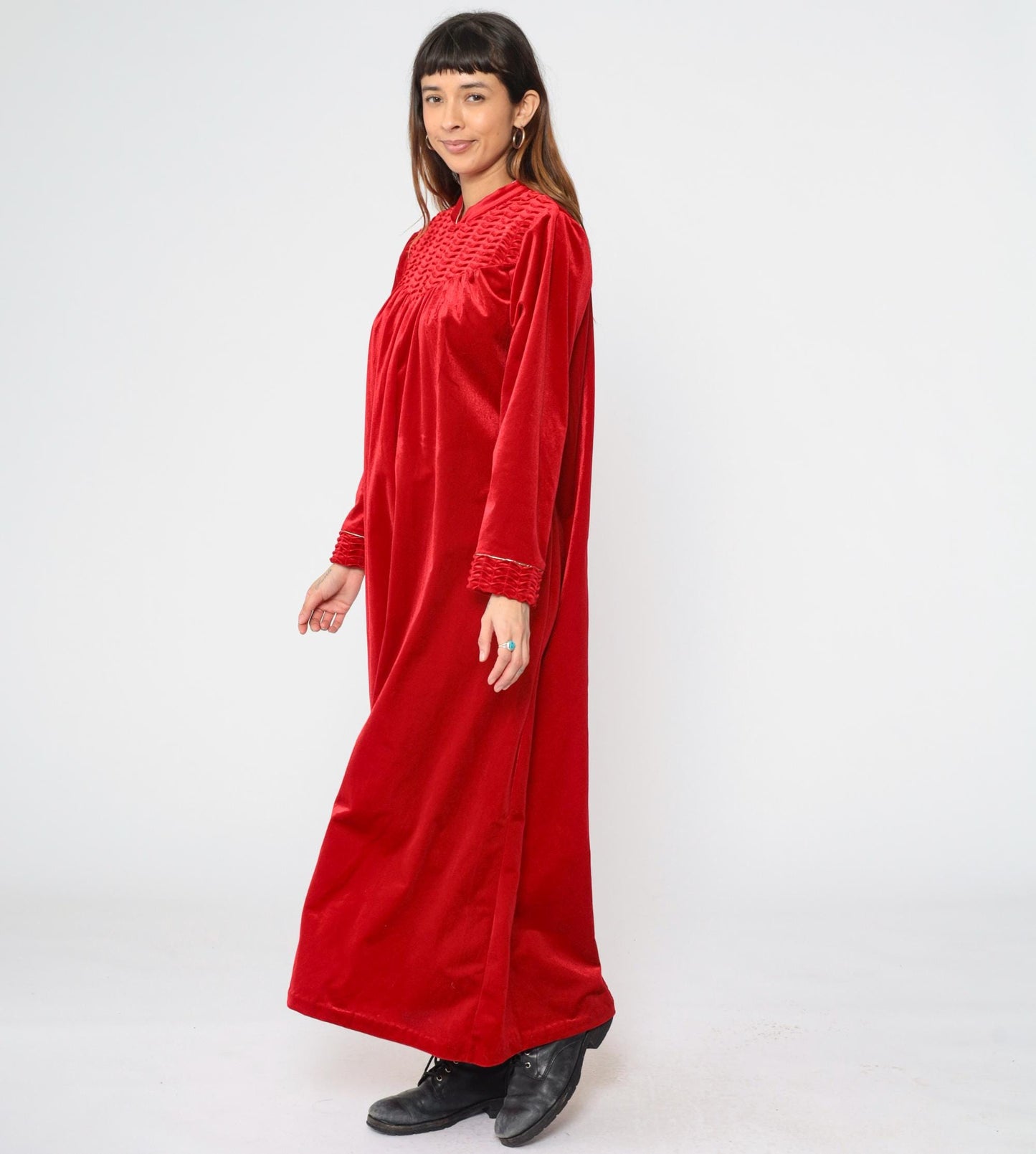 90s Red Velour Maxi Robe Dress Zip Front Gold Trim Large XL