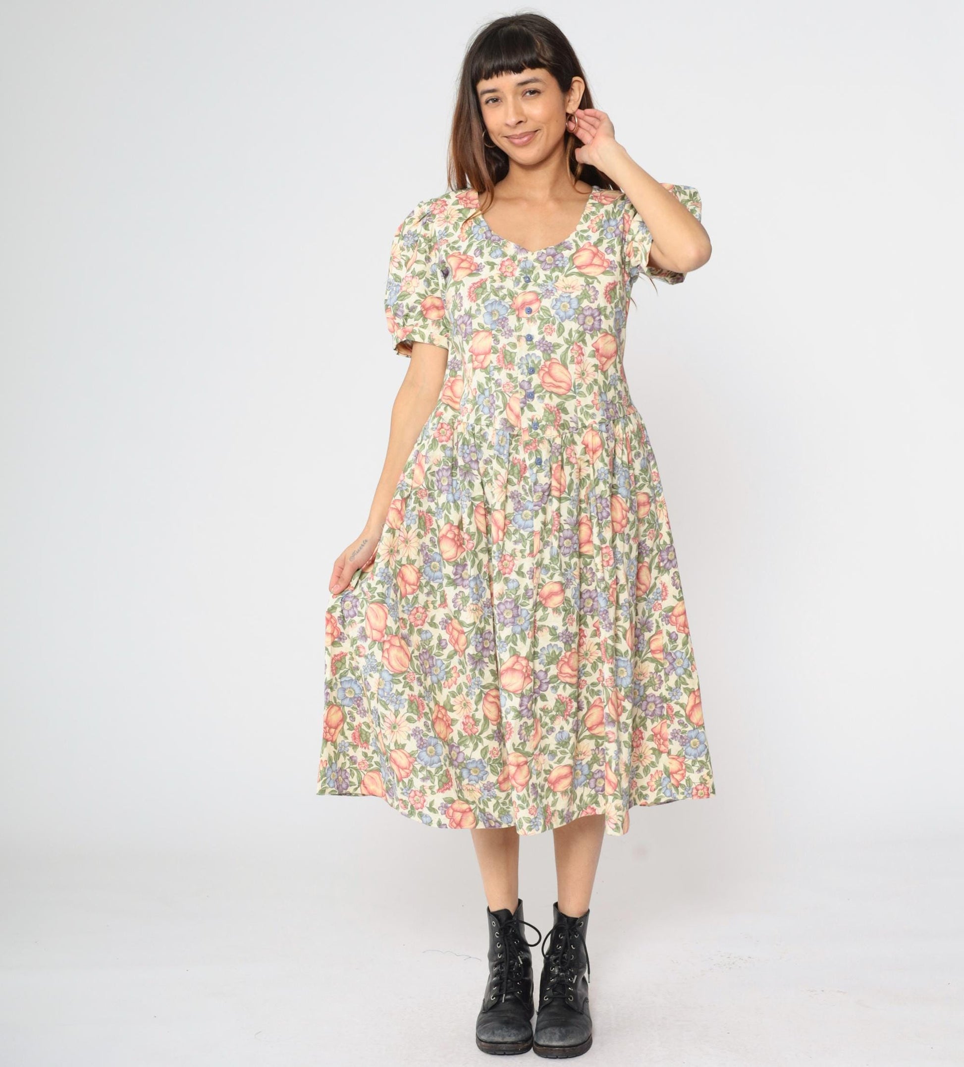 80s Floral Midi Dress Puff Sleeve Button-Up Cream Small Medium