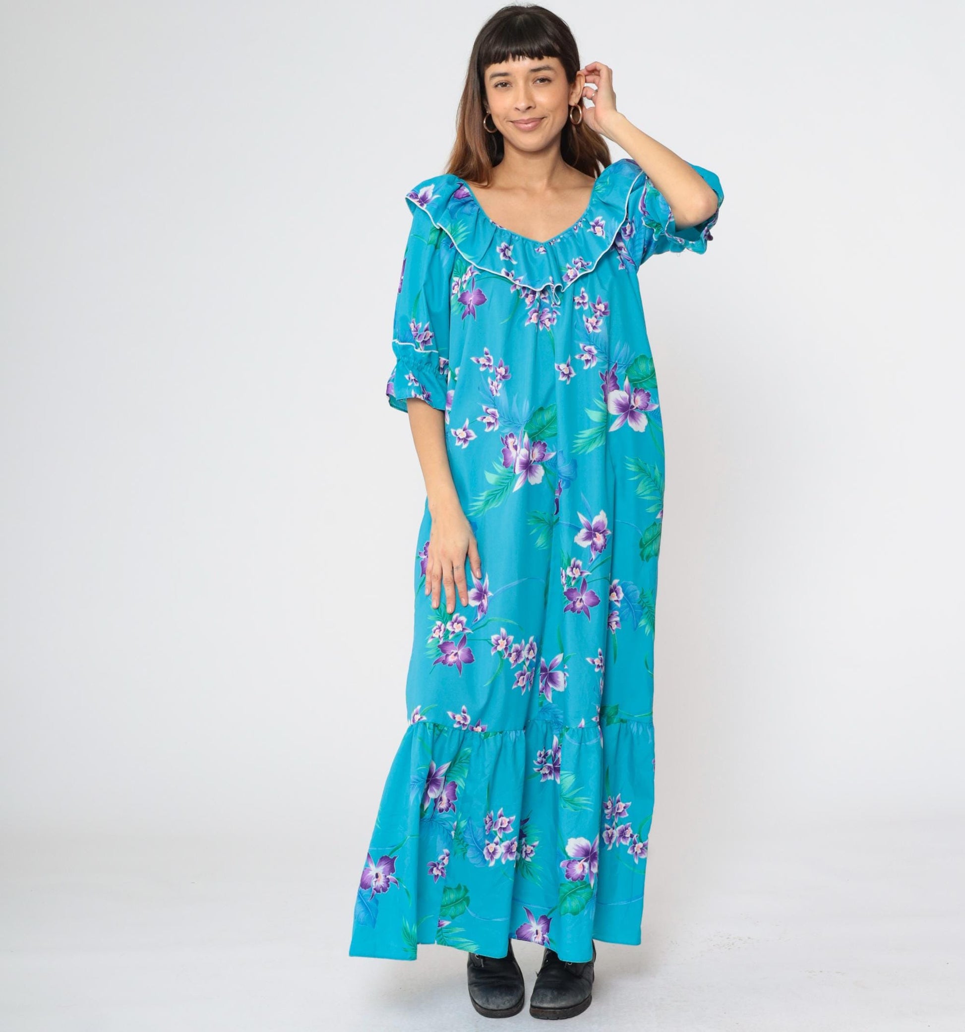 80s Blue Tropical Floral Maxi Dress 3/4 Sleeve Flounce Hem Medium