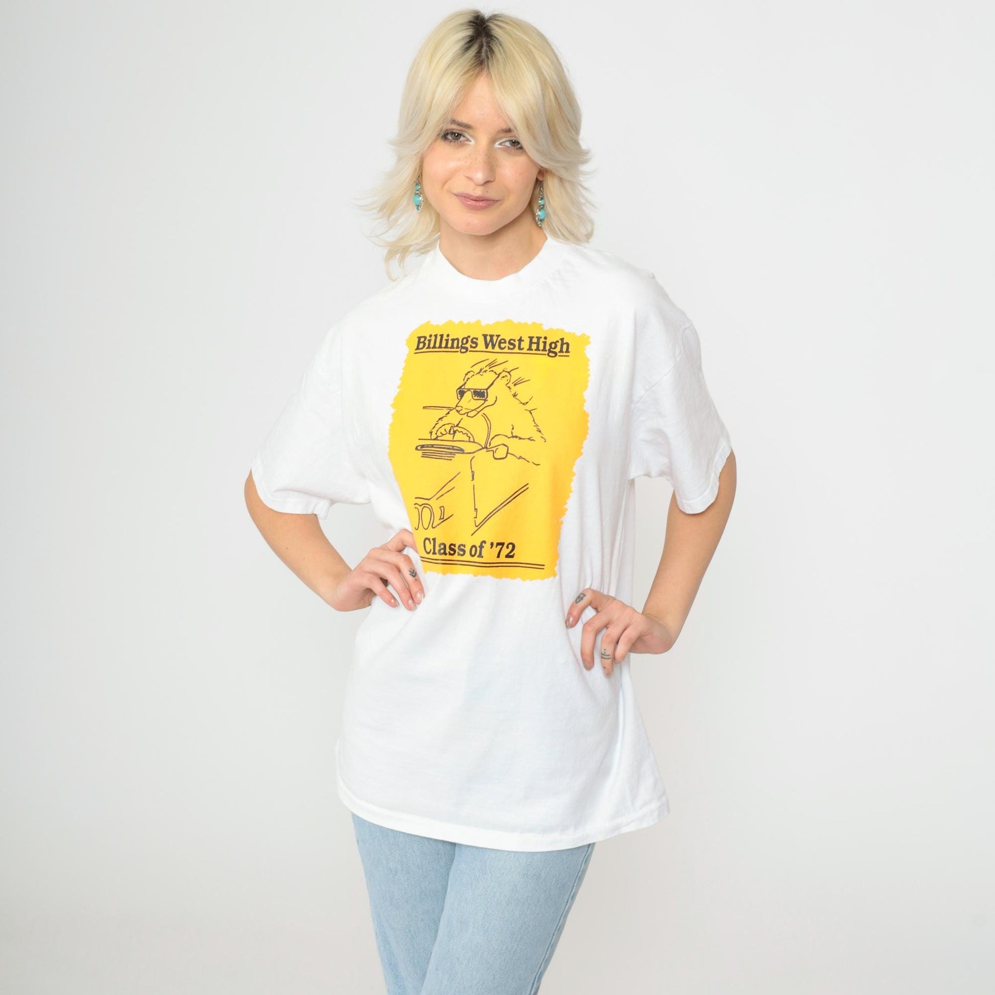 90s Billings West High School Class of '72 Reunion Bear Graphic Tee White Large