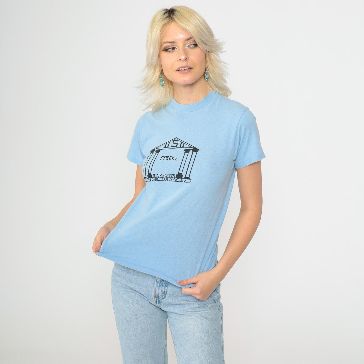 80s Utah State University Greek Life T-Shirt Baby Blue Hanes Single Stitch Extra Small