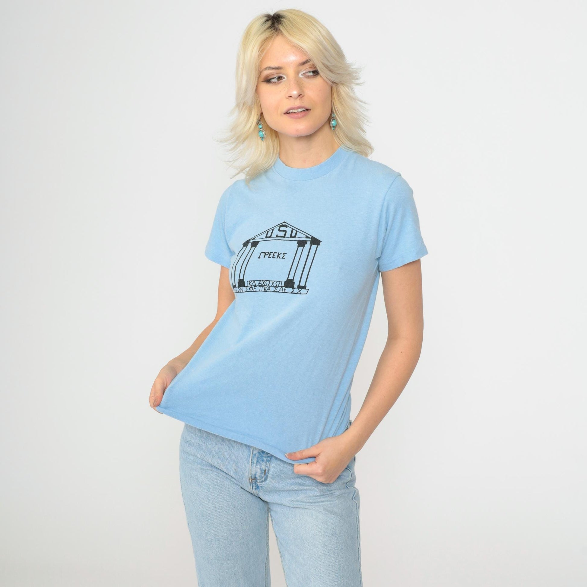 80s Utah State University Greek Life T-Shirt Baby Blue Hanes Single Stitch Extra Small