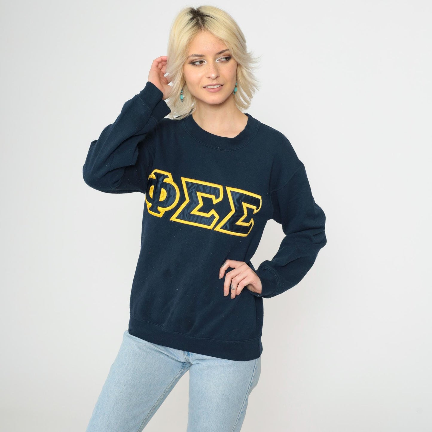 90s Phi Sigma Sigma Sorority Sweatshirt Navy Gold Greek Letters Small