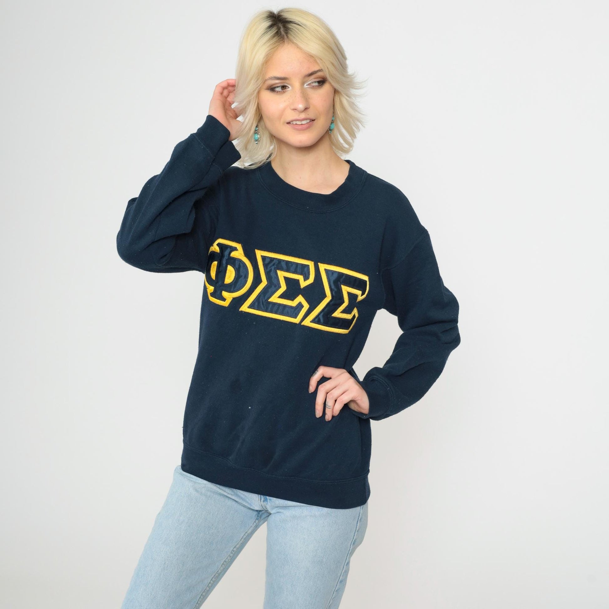 90s Phi Sigma Sigma Sorority Sweatshirt Navy Gold Greek Letters Small