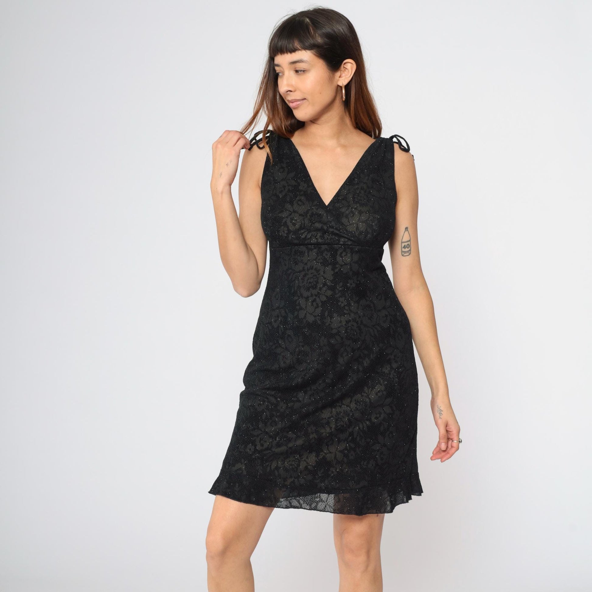 90s Y2K Black Floral Metallic Mini Dress Empire Waist V-Neck Small