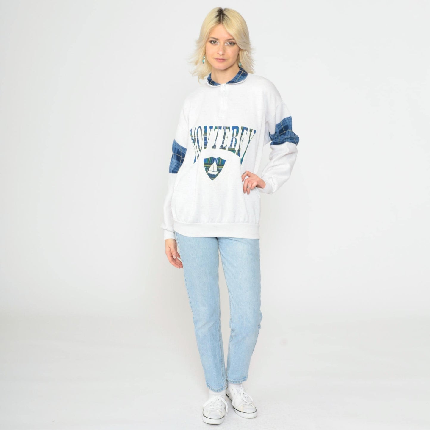 90s Monterey California Sailboat Quarter Zip Sweatshirt White Medium