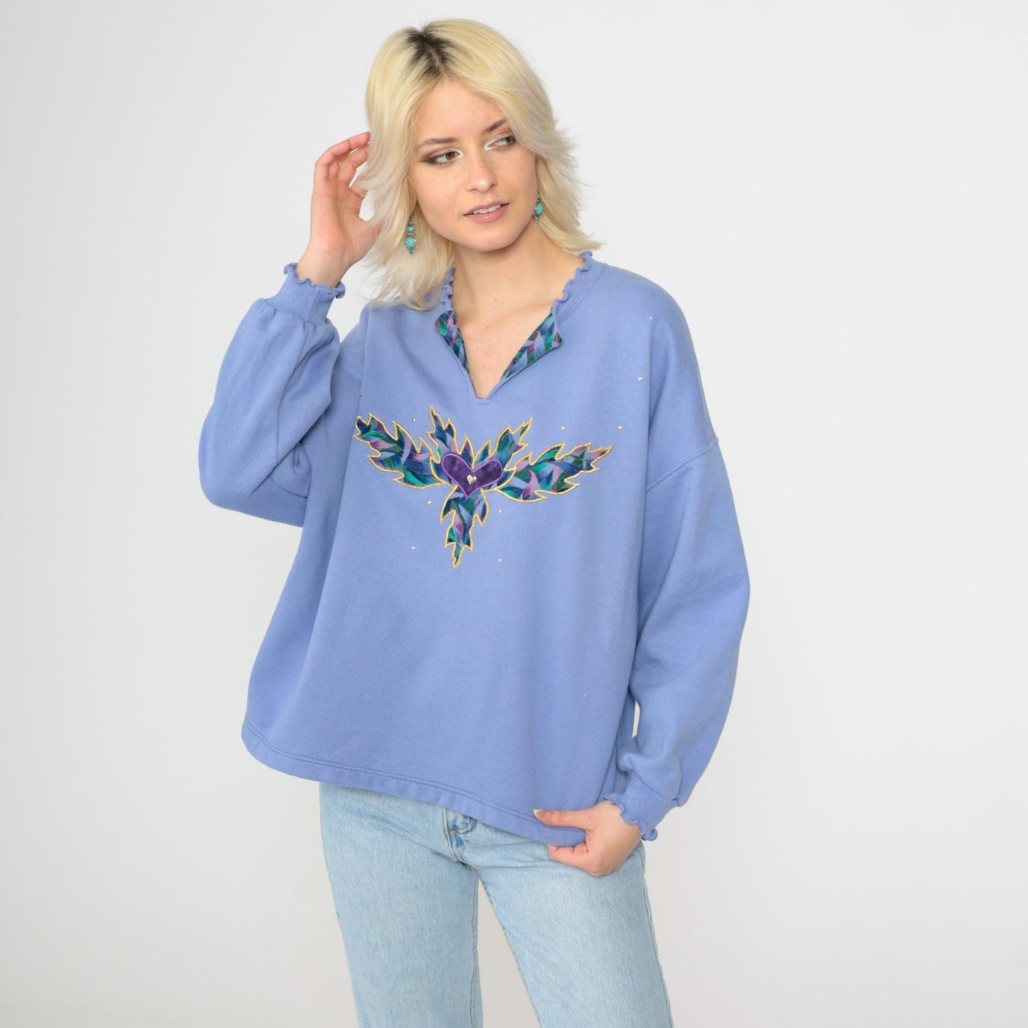 90s Jerzees Heart Leaf Studded Sweatshirt Lavender V-Neck Extra Large XXL