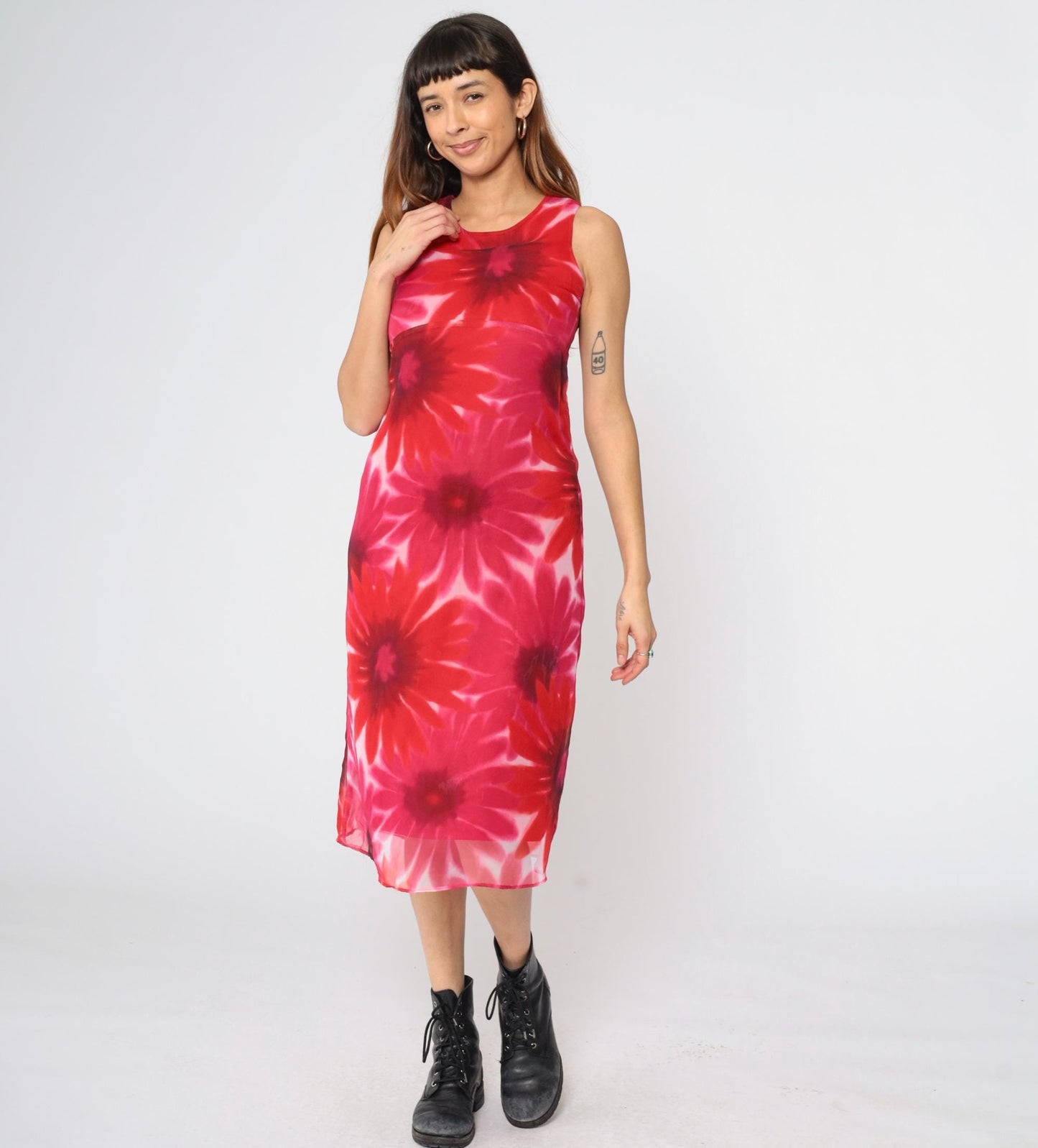 90s Red Pink Floral Midi Dress Empire Waist Sleeveless Round Neck Extra Small