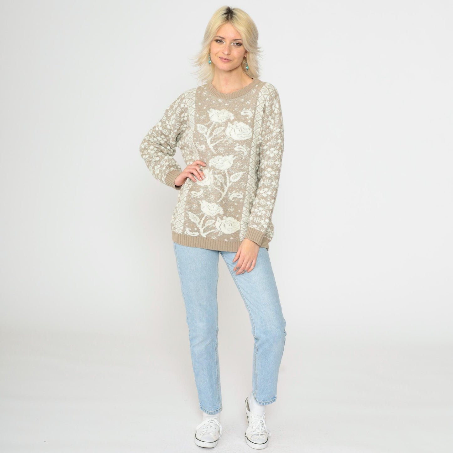 80s Metallic Floral Geometric Knit Sweater Taupe Medium M