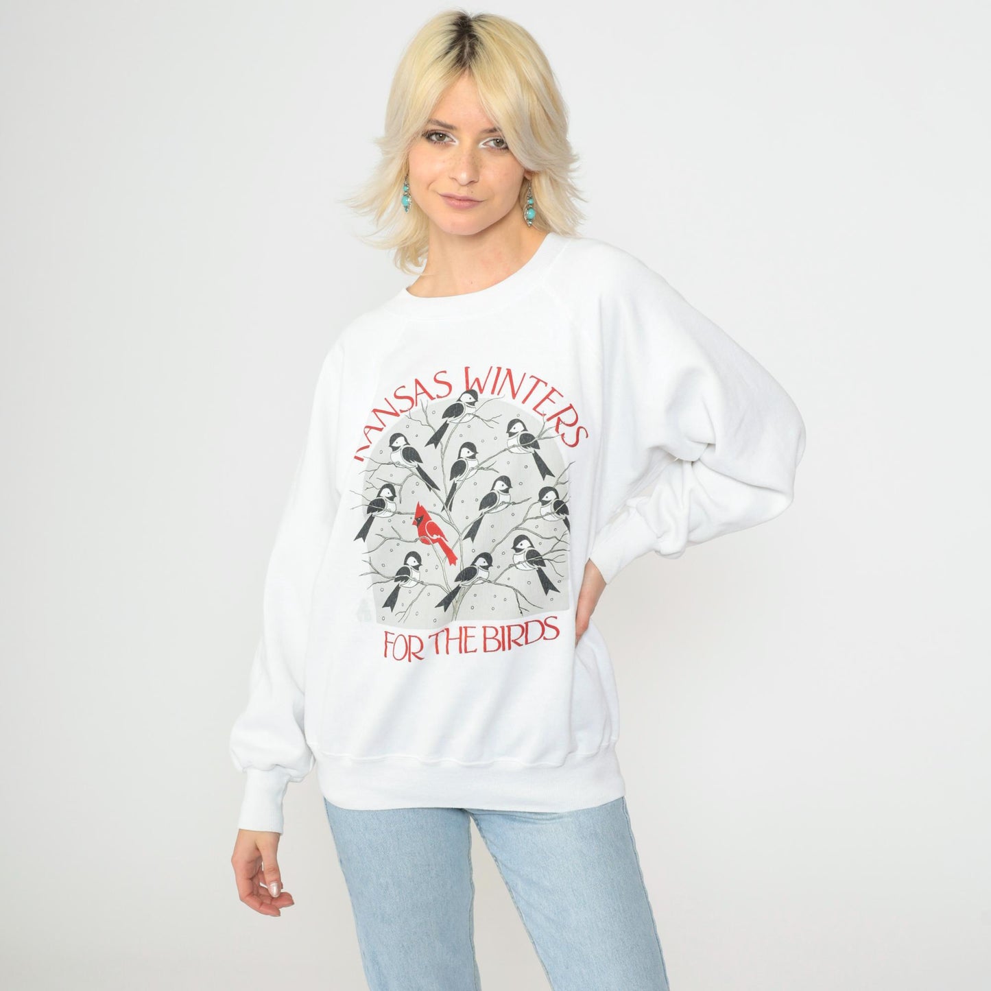 90s Kansas Winter Bird Graphic Sweatshirt White Crewneck Large