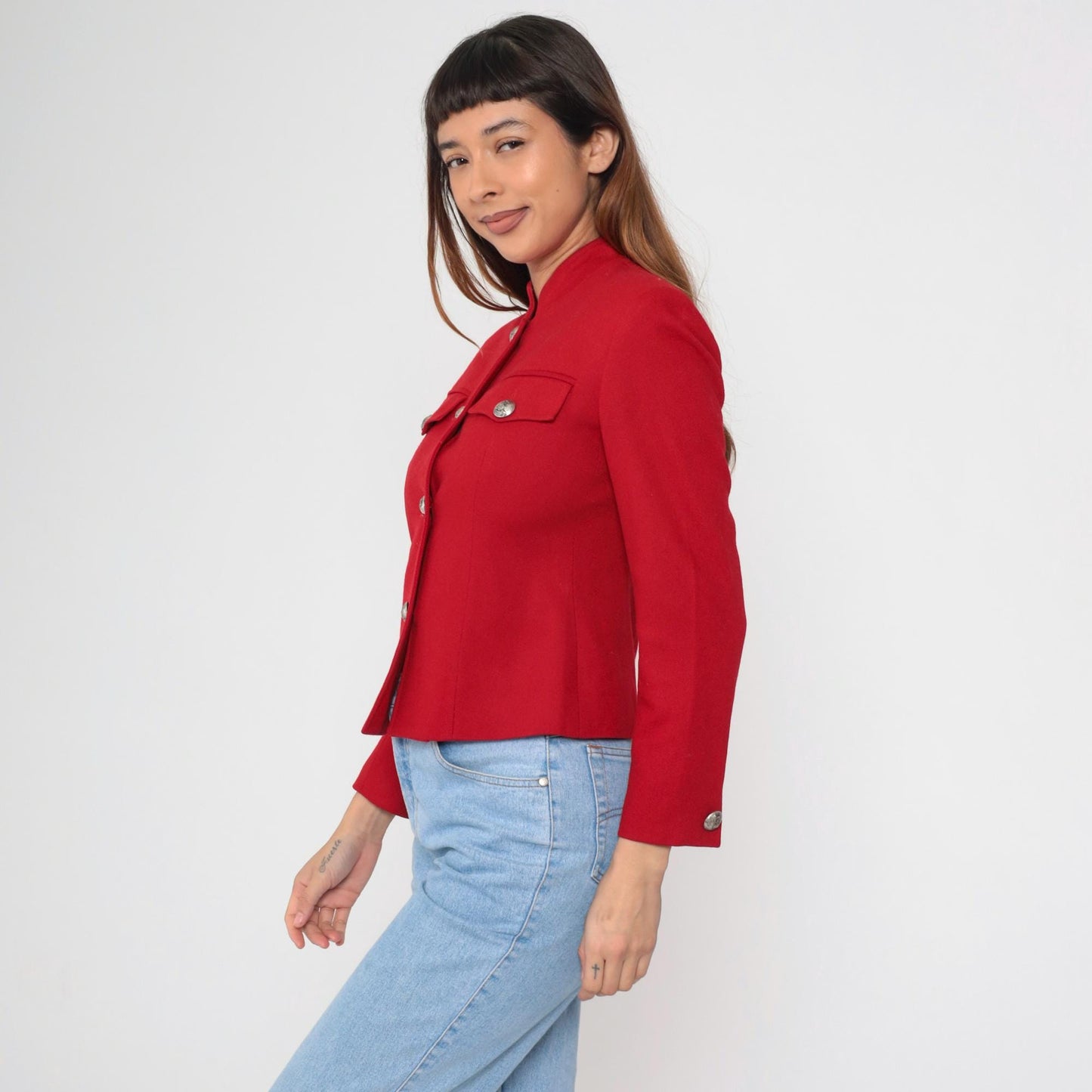 90s Red Wool Blazer Mandarin Collar Tailored Jacket Extra Small