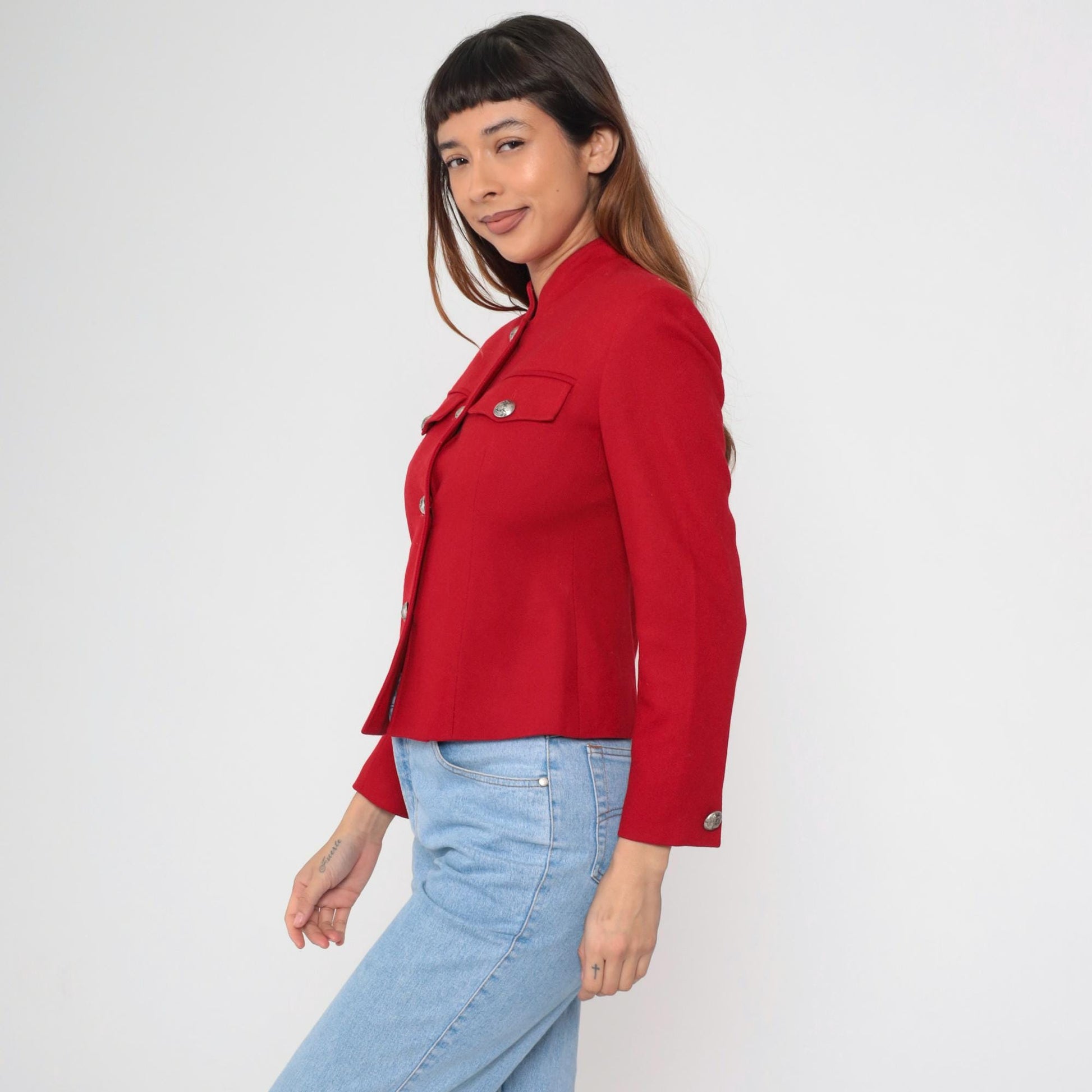 90s Red Wool Blazer Mandarin Collar Tailored Jacket Extra Small