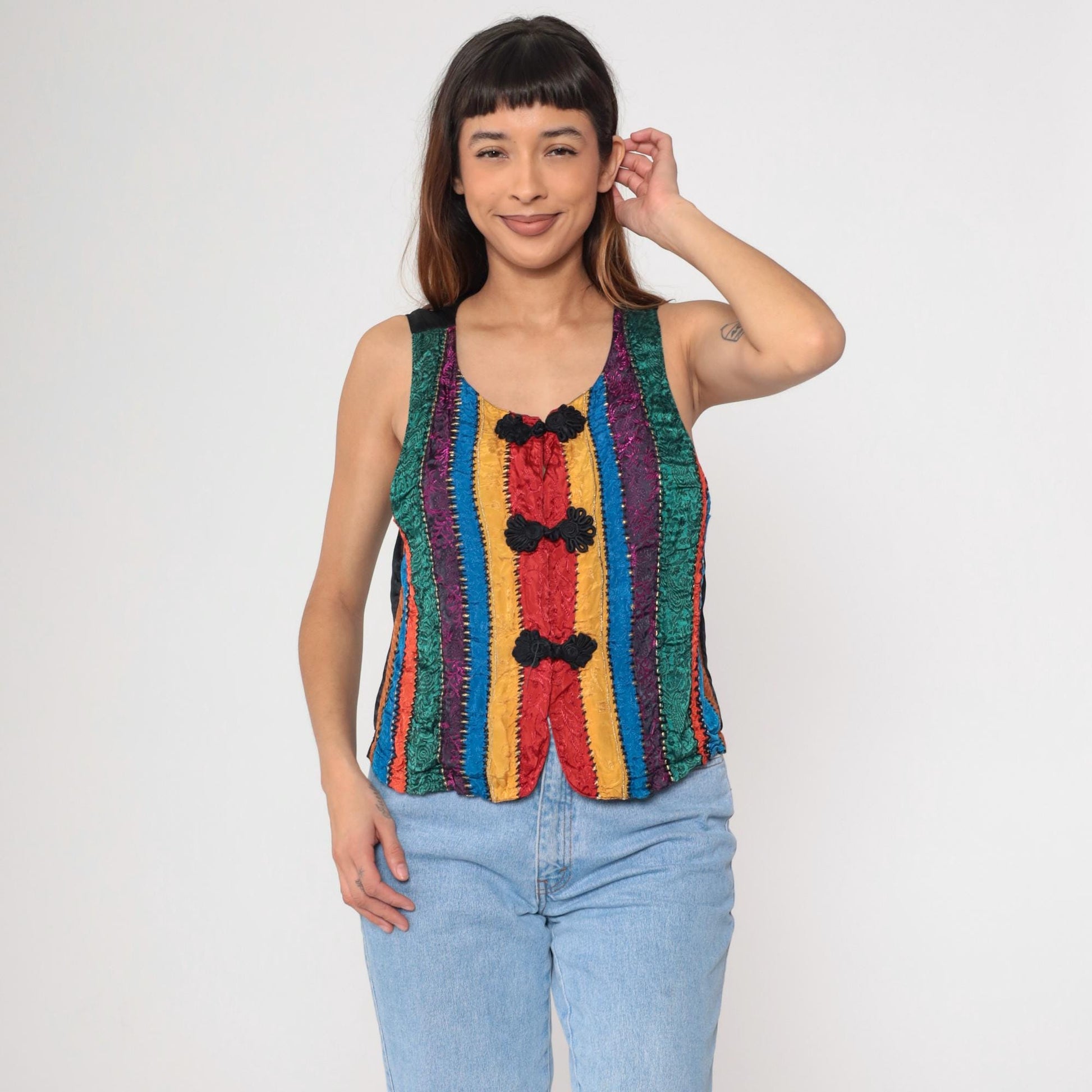 90s Brocade Striped Vest Frog Closure Sleeveless Scoop Neck Medium